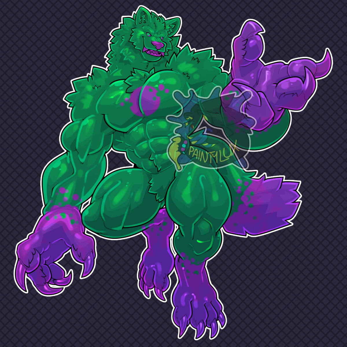 A picture of Kolligo who is a werewolf made of goo. He is mainly green with purple hands, feet, teeth. nose and tip of tail. There is also a purple orb/circle in the chest area.