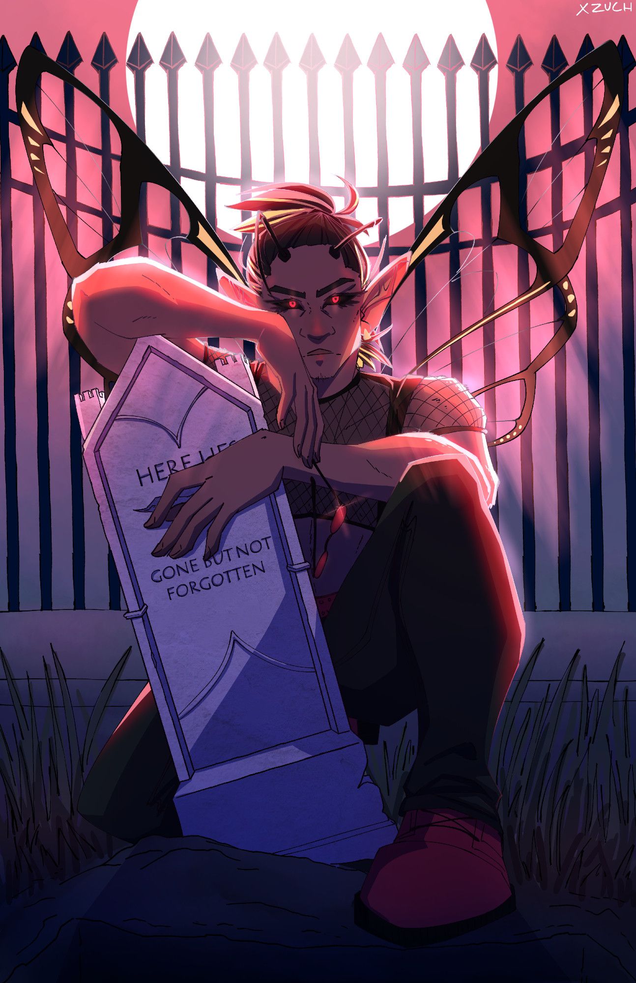 A drawing of an elf with clear moth wings. He is leaning against a crooked gravestone, his hand covering the name, while his foot is at the edge of an open grave. He is wearing a mesh shirt, black leather pants, and red boots, and holding red glasses in his hands. He is staring at the camera, his eyes glowing red, while the light of the moon behind him shines through his wings.