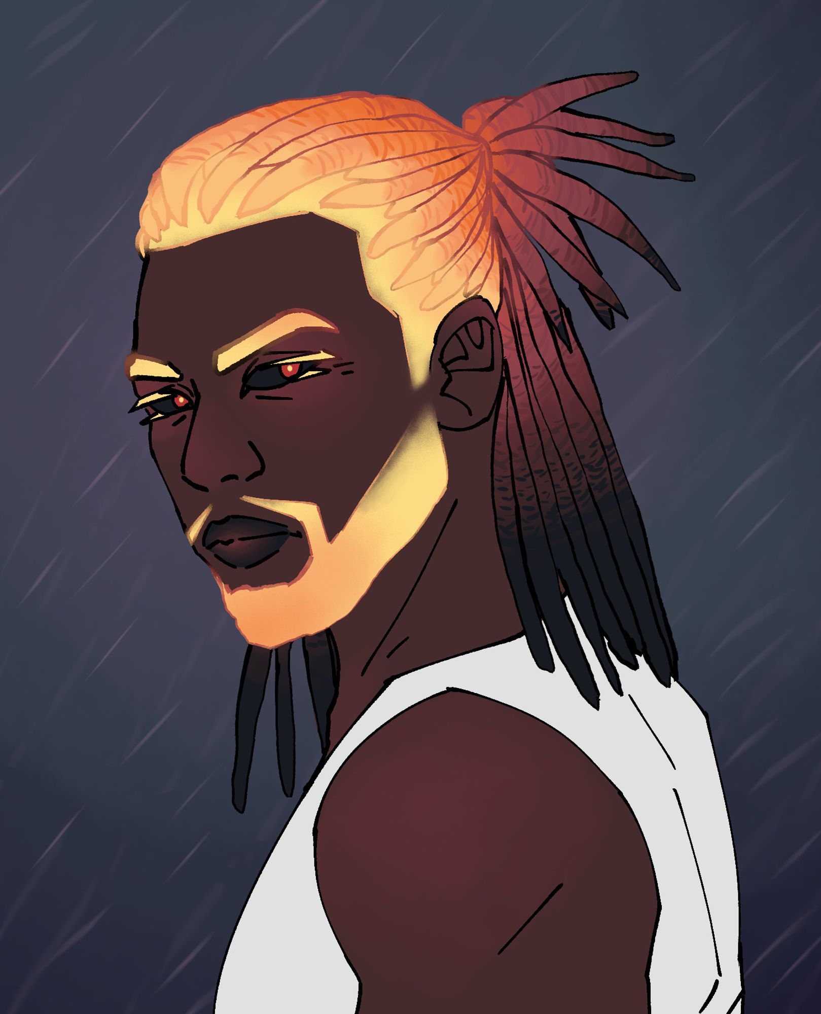 A digital bust of a fire genasi. He has dark brown skin, which appears to be glowing from beneath, and a beard and hair that is bright yellow at the roots and then darkens to black like cooling magma.