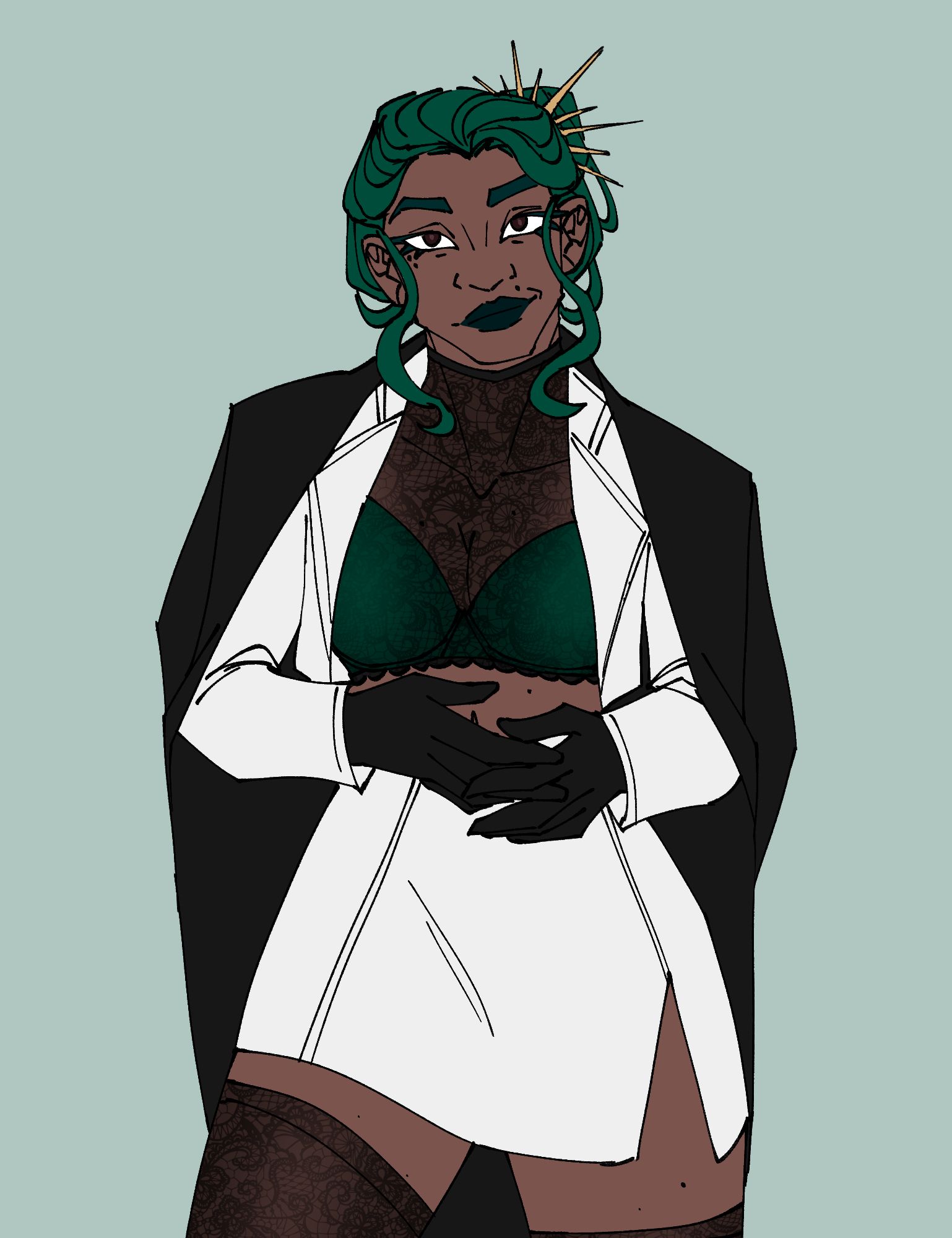 A digital drawing of a woman from the thighs up. She is looking at the camera with a smirk, holding her hands in front of her stomach, resting her weight on one leg. She's wearing a white suit with a cropped jacket and short pencil skirt, black gloves, a green bra with black lace overlay, and lace leggings. She has brown skin and green hair, and dark green lipstick.