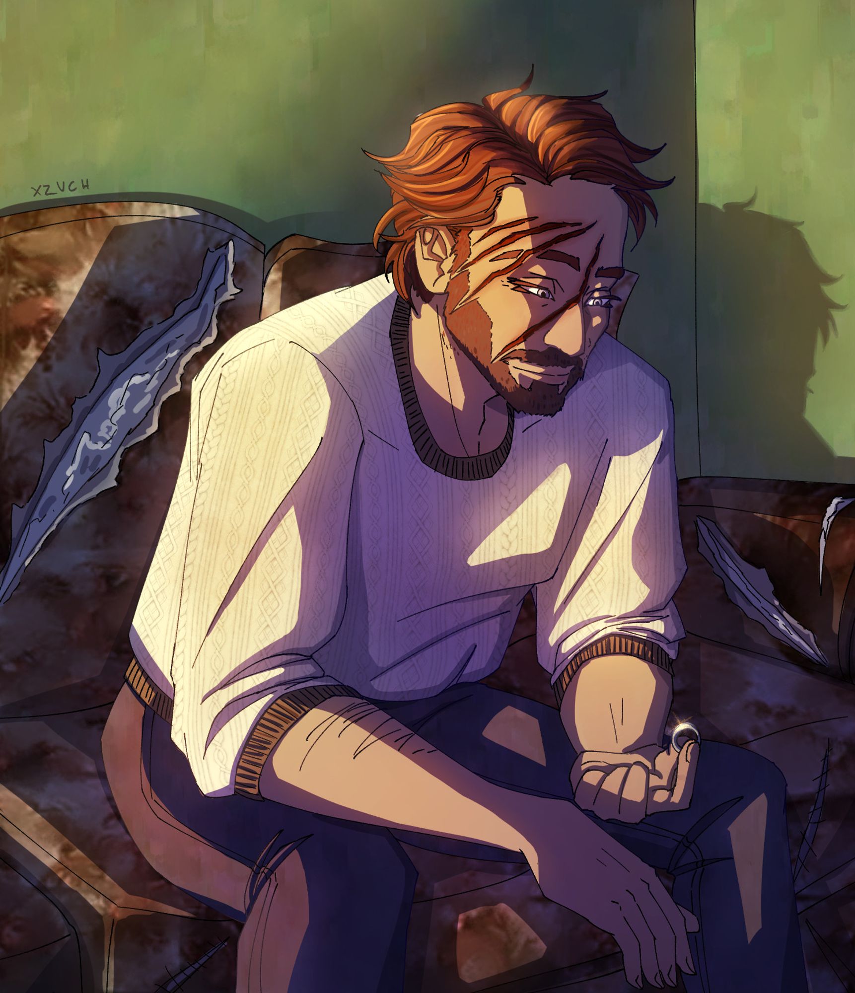 A drawing of a man sitting on a hideous couch, looking sentimentally at a wedding ring. He has short brown hair and a beard, and healing claw marks across his face. He is wearing a white sweater and jeans. The hideous couch has slashes and tears across it.