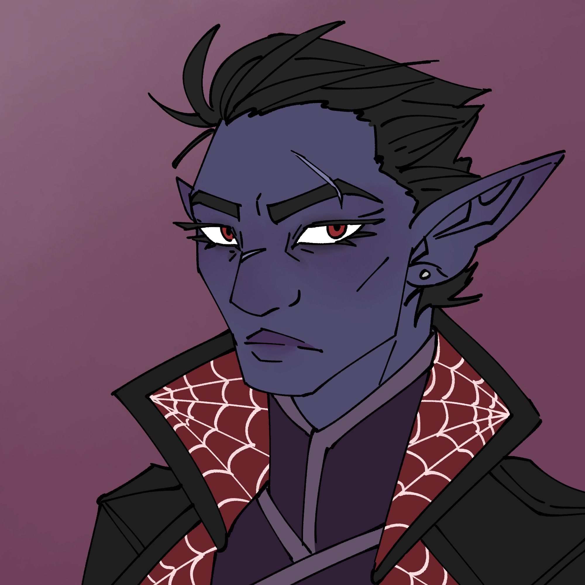 A digital portrait of a drow man with a stren expression. He has short black hair, red eyes, dark blue skin, and scars on the bridge of his nose and eyebrow. He's wearing a black coat with red spider lining, and a purple vest.