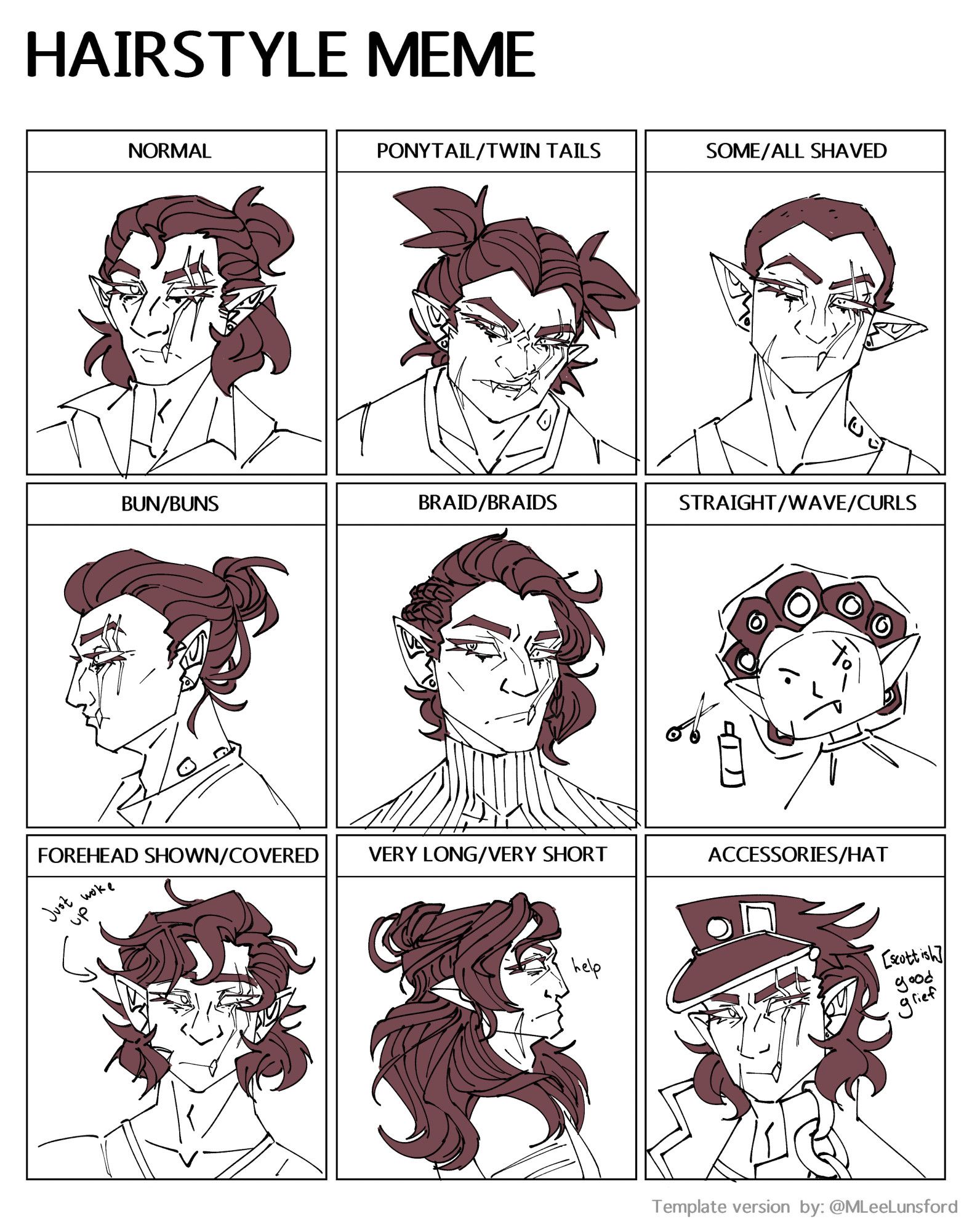 A hair style meme template with nine drawings of my OC Hellebore. The first row is his normal hair style, then twin tails, then shaved. The second row is his hair in a bun, the sides braided with the rest of it loose, and his hair in curlers at a hair salon. The third row is his hair messy from waking up, long and flowing, and then combed back while wearing Jotaro Kujo's hat from JoJo's Bizarre Adventure.