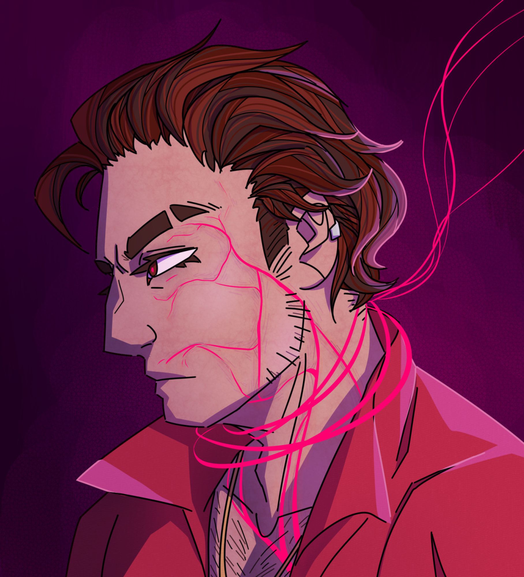 A digital portrait of Giovanni, looking off to the side with a stern or troubled expression. The pupil of his eye is a bright magenta, while tendrils of that same color wrap around his throat and infect the veins of his face.