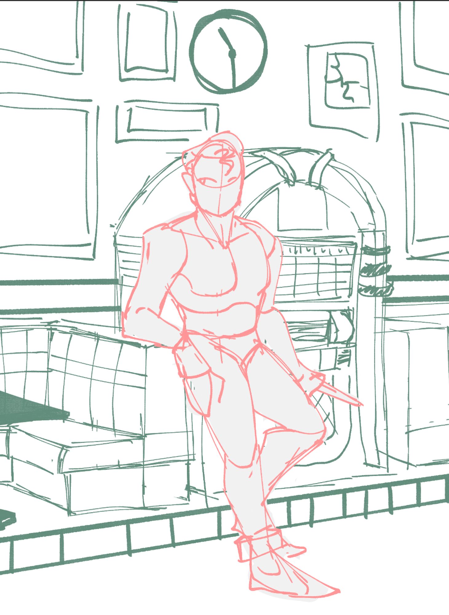 A digital sketch of a young man leaning against a jukebox in a 1950s diner. He is holding a switch blade, looking suspiciously at the pictures behind him. There are pictures on the wall and a clock that says 11:30.