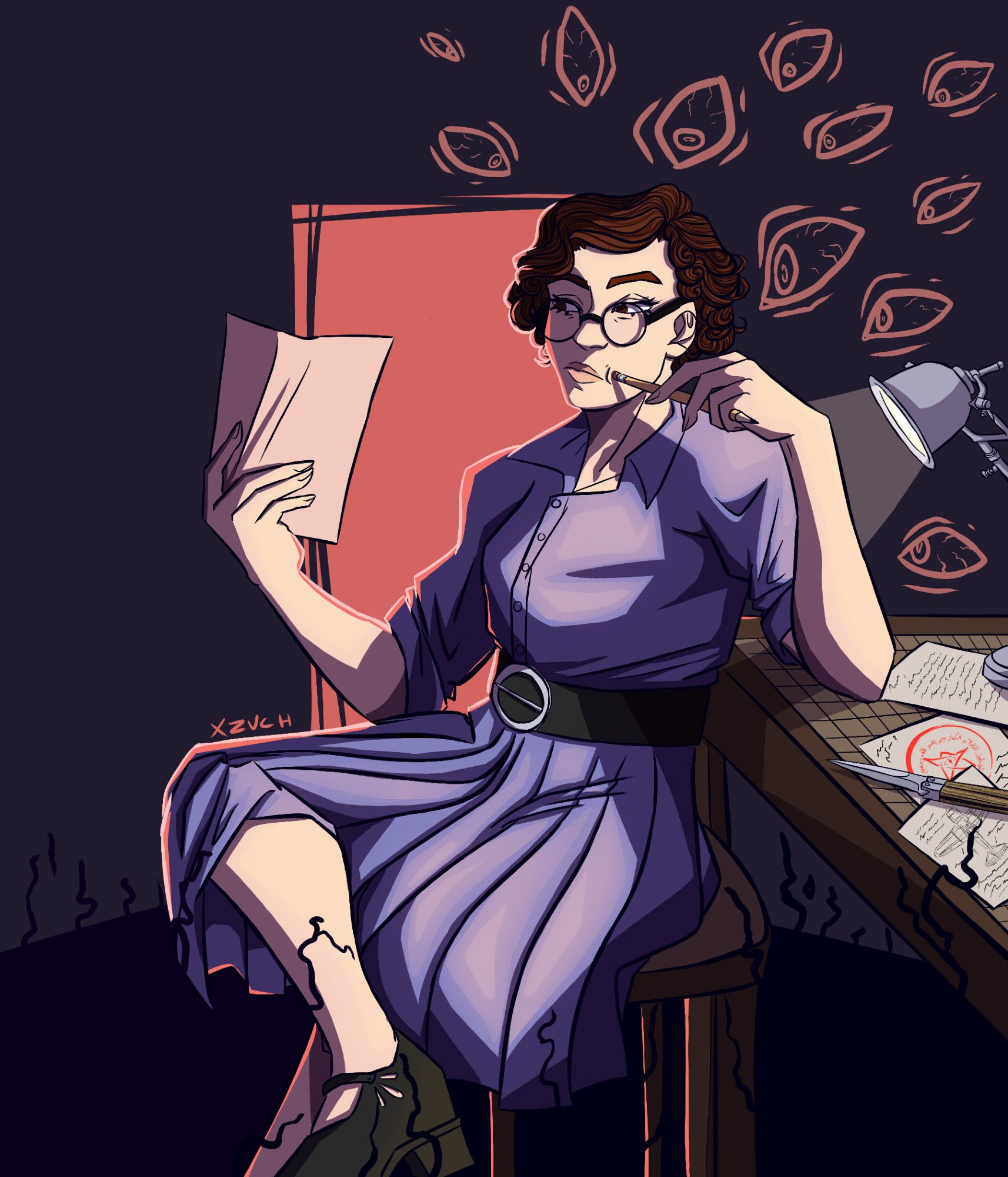 A digital drawing of an OC, Adeline. She's a young woman sitting on a stool, her elbow propped up on a table while she pokes a pencil eraser into her cheek and reads a paper. She's wearing circle lensed glasses, a knee-length blue dress, and her brown hair is done up in a 1920s style. On the table are other notes, including one which has the Elder Sign, and a butterfly knife. Behind her is an orange doorway, and eyes staring intensely at her while she is unaware.