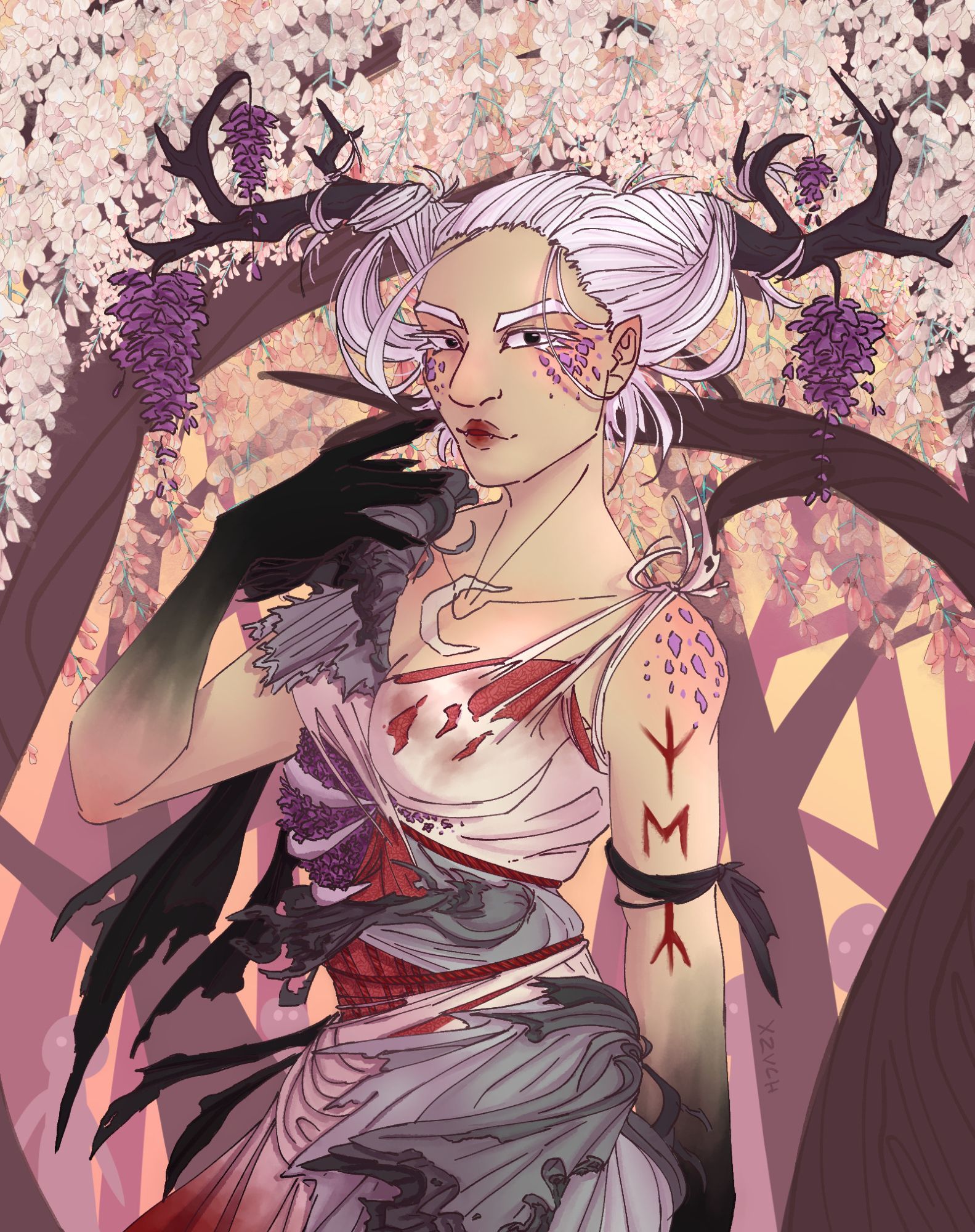 A digital drawing of Grey Hollow from House of Hollow. Her white hair is wrapped around wisteria branches that look like antlers. She is wearing a white dress that is partially torn to reveal red underneath it, like flesh, and rib bones are holding back wisteria flowers. Bits of grey and black fabric are styled to look like smoke.