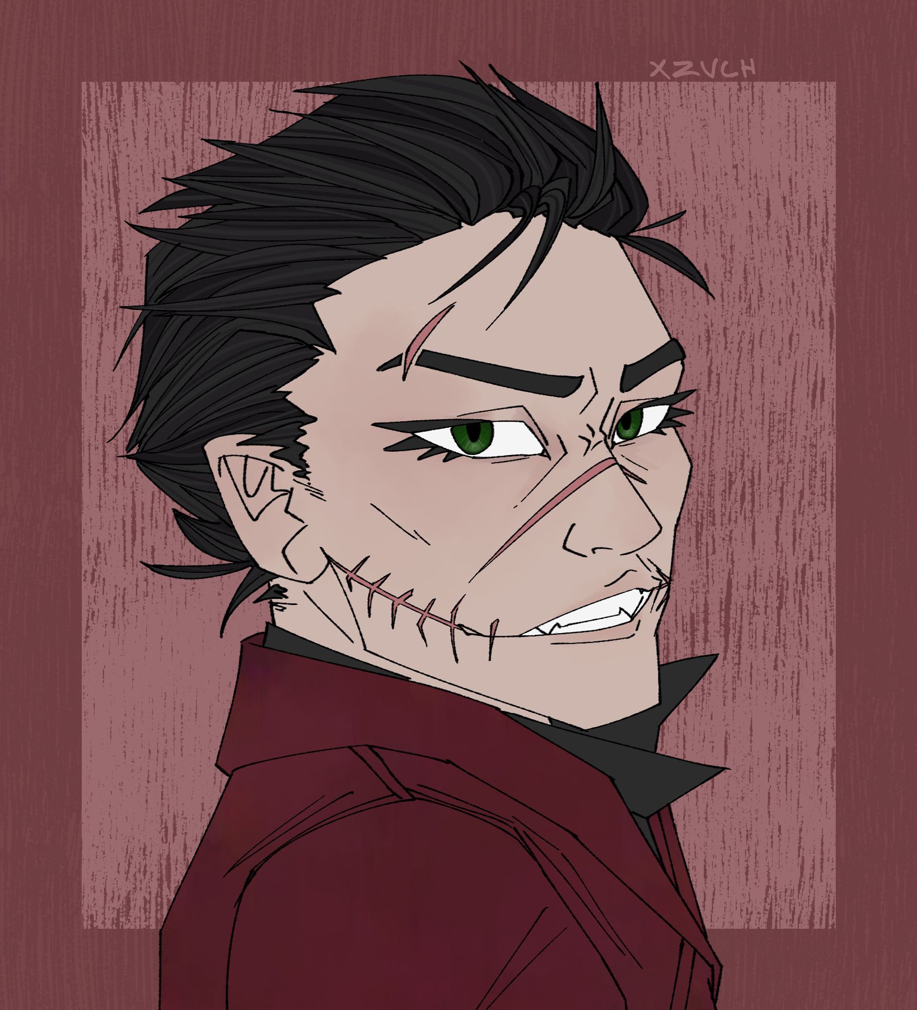 A digital portrait of an OC, Xavier. He's a pale man with short, messy black hair, green eyes, and a glasgow grin. He also has scars over the bridge of his nose and his right eyebrow. He's looking at the camera with a snarling grin. He's wearing a red coat and black collared shirt.