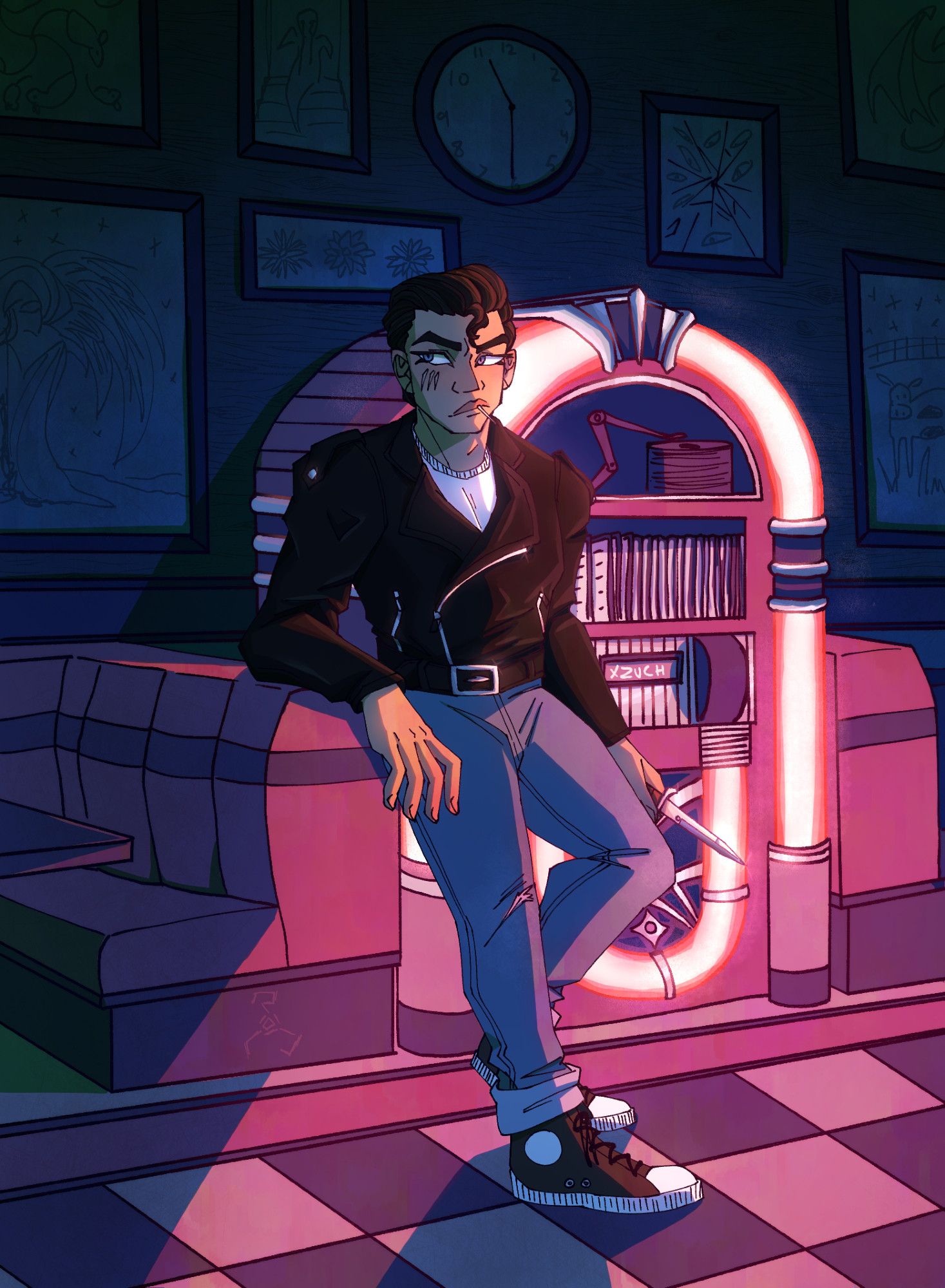 A digital drawing of a young man leaning against a jukebox in a 1950s diner. The jukebox is casting a bright pink light, and the rest of the diner is in blue shadow. He is wearing a leather jacket, blue jeans, and a white tee shirt, and his hair is slicked back with a cowlick. He is holding a switch blade, looking suspiciously at the pictures behind him. The pictures on the wall are of The King In Yellow, a rat king, dahlia flowers, a ghost on a stairwell, a dragon, a clock at 11:30, a broken frame with eyes in the cracks, and a cow on a farm. The Yellow Sign is carved on the bottom of one of the booths.