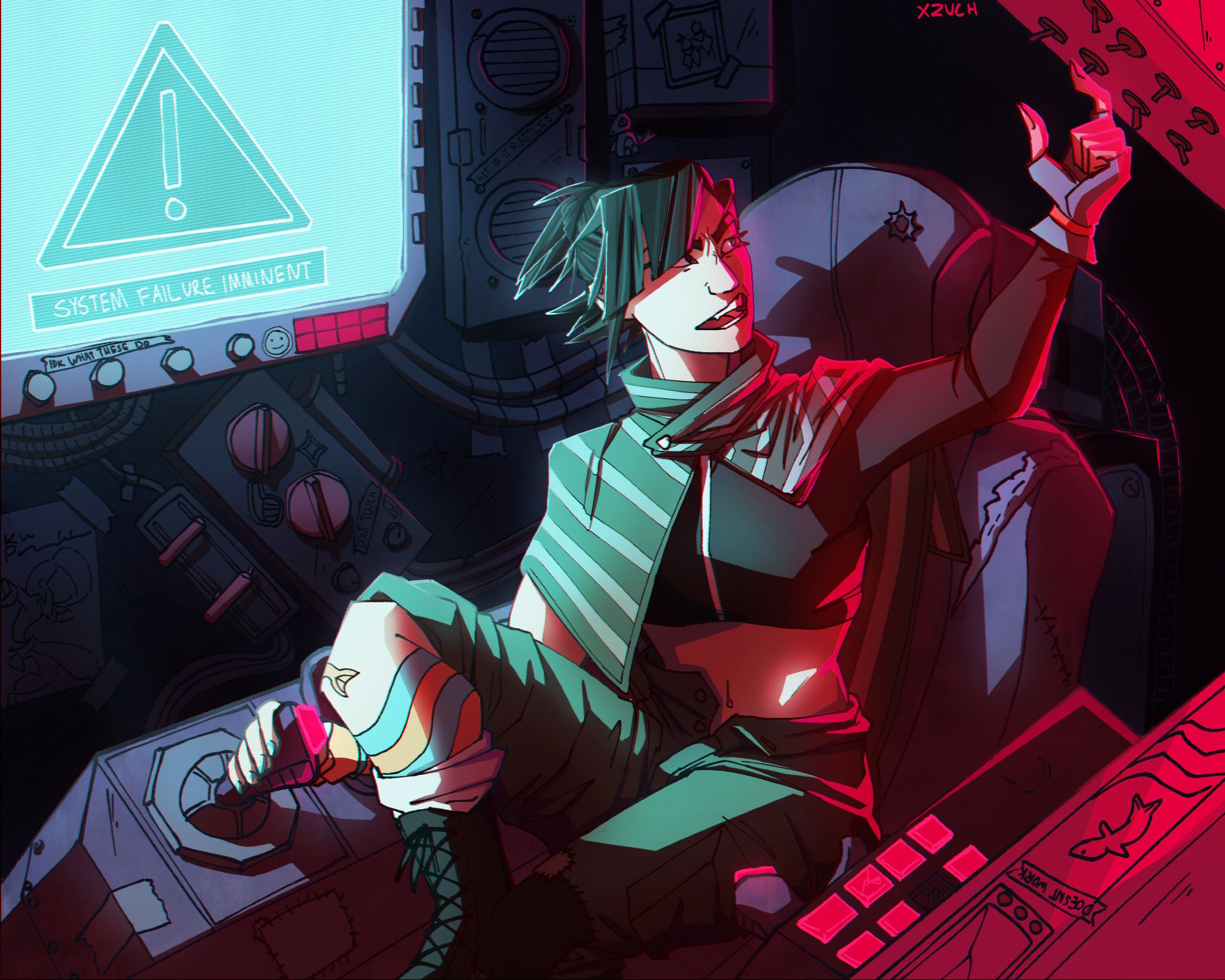 A digital drawing of Little Ziyi from Armored Core. She is sitting in the chair of a cockpit, one knee up and one hand on a joystick. She is looking angrily at a warning light to her left and is flipping switches to deal with the problem. A screen warns 'system failure imminent'. There is a harsh blue light from the screen, and a red light from the warning lights.