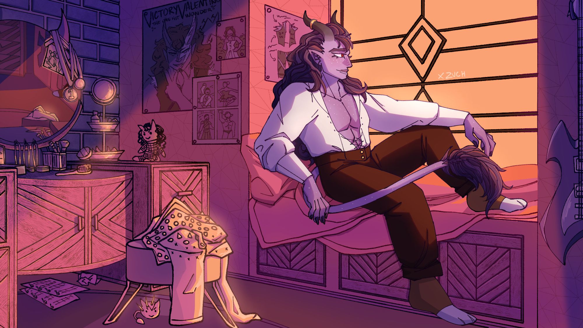 A digital drawing of Victory in his room with sunset lighting. He is wearing an open white blouse, brown pants, and cat paw socks. He is lounging in a window nook that has a stained glass window and a mess of blankets and pillows. Against the other wall is an art deco vanity with makeup supplies and a crocheted doll, as well as a chair with a partially studded jacket on it. Beneath the chair is a pincushion that looks like Victory. On the wall are a guitar a show poster, and several drawings.