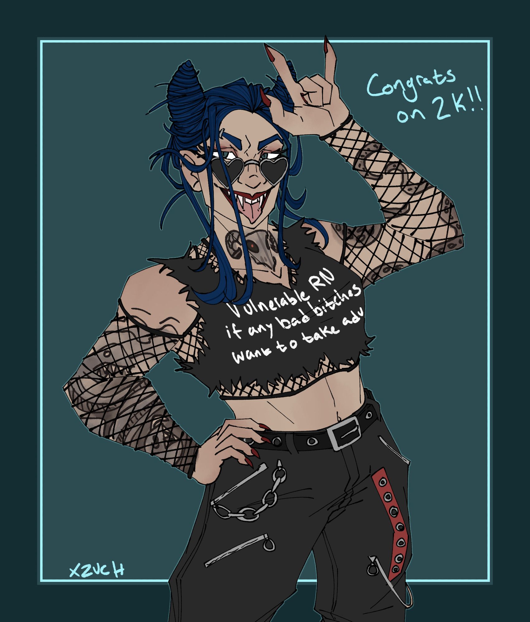 A digital drawing of Marcella, an oc. She's a blue-haired woman who's hair is messily twisted into devil horns on her head. She has one hand on her hip while the other is throwing the 'rock on' salute. She's wearing black heart shapped sunglasses, a torn black shirt that says 'Vulnerable RN if any bad bitches want to take advantage' over a fishnet shirt, and black hot topic pants with several zippers and chains. She's sticking her tongue out playfully, showing off her pointed teeth.