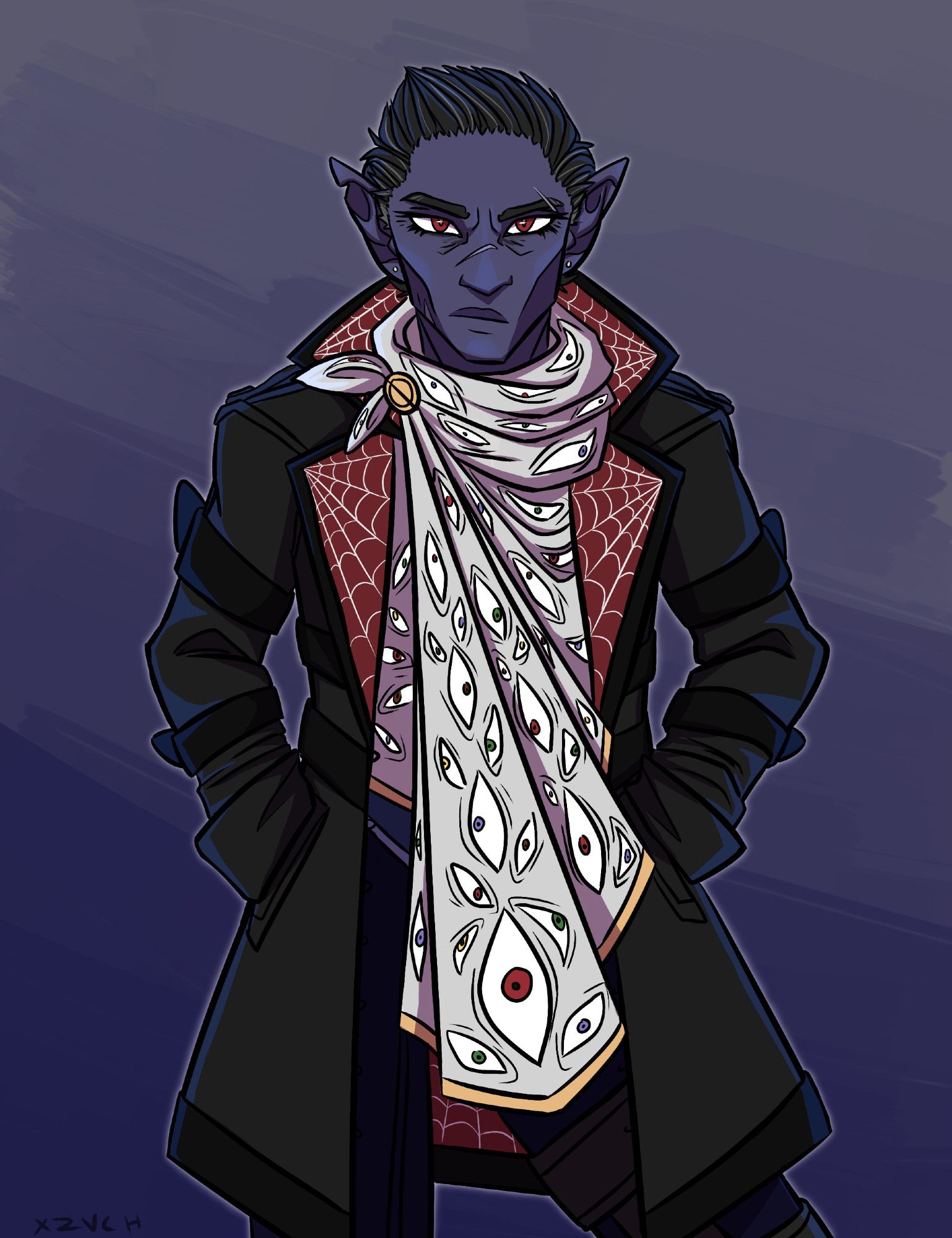 A digital drawing of a drow man staring directly into the camera with his hands in his pockets and a stern expression. He is wearing the same outfit as the previous drawing, only now has a large scarf with eyes printed on it, the eyes looking every direction. He is also wearing a brace on his left leg.