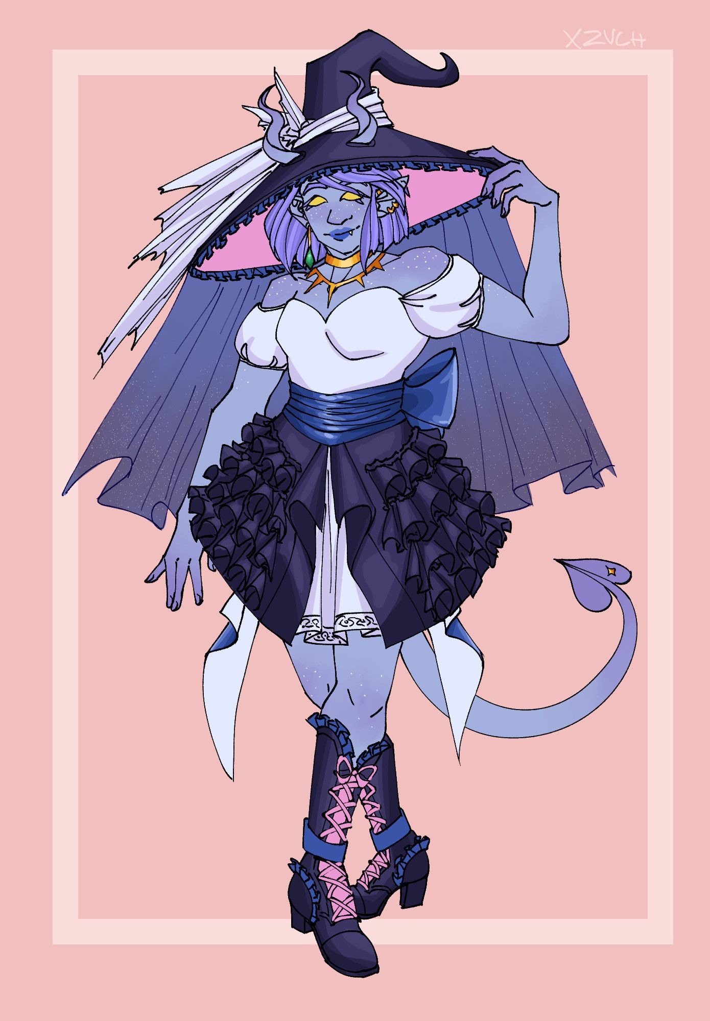 A blue skinned tiefling with chin length purple hair, yellow eyes, and white freckles. She is wearing a large dark blue hat with a white sash and a glittery blue veil. She is also wearing a white sweetheart cut dress with off the shoulder sleeves, a dark blue overskirt with lots of ruffles, and a blue sash around her waist, tied in a bow behind her. Her dark blue boots are knee high, with pink ribbon lacing, and blue ruffles. She is smiling gently.