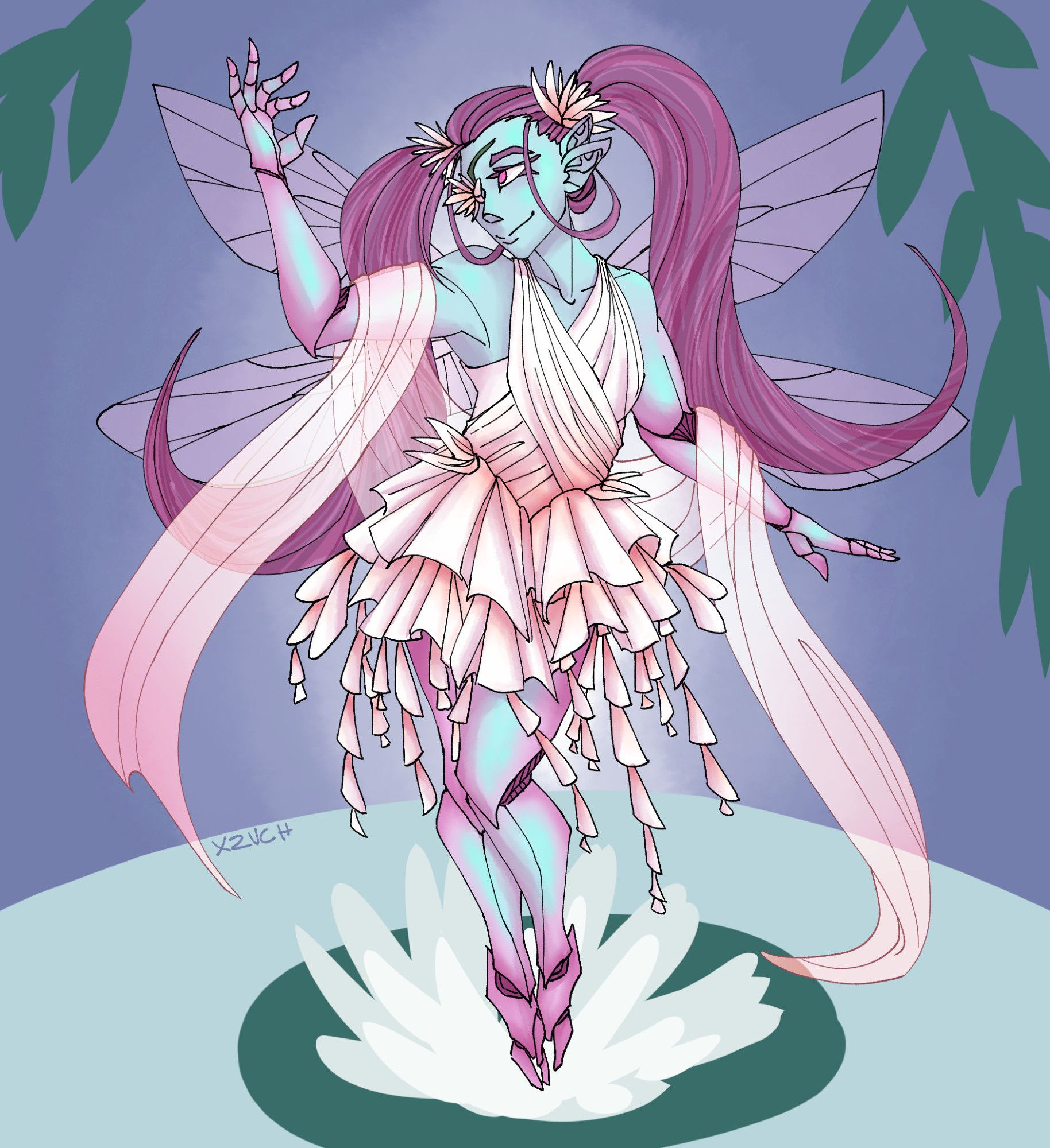 A digital drawing of a fairy with dragon fly wings. She has light blue skin, with her arms and legs having insectoid carapace and a pink iridescence to them.She has long pink pigtails, and one of her pink eyes is covered by a lotus flower. She's wearing a light pink dress, the skirt of which having ruffles that look like flowers. She also has a sheer pink shawl. The background is a simple, stylized pond.