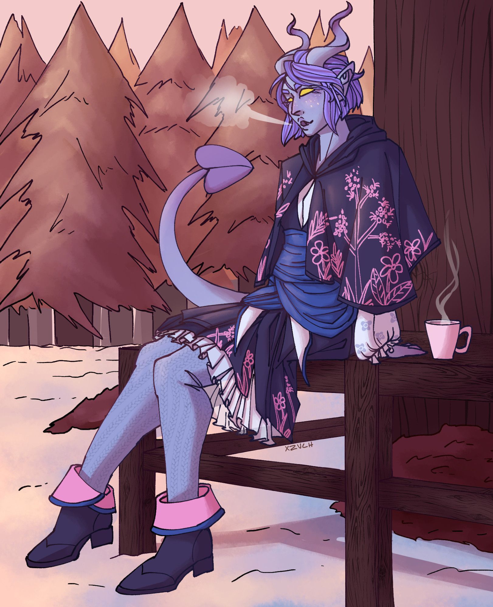 A digital drawing of a tiefling relaxing on a porch in the woods. She has light blue skin, a short blue bob, and yellow eyes. She is wearing a dark blue dress with a white underlayer, a matching cloak with pink floral embroidery, and a blue sash around her waist. She has a steaming cup of tea, and her breath is fogging.