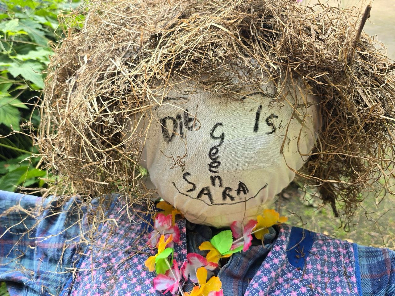 Foto van hoofd van een pop met strohaar. Op het gezicht staat geschreven: dit is geen Sara. Zo dachten de buren het Sara verbod te kunnen omzeilen