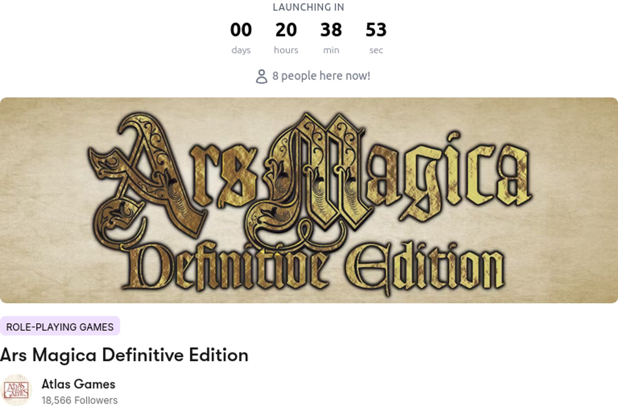 screen shot of Ars Magica Definitive Edition countdown timer showing 20 hours 38 minutes 53 seconds until launch on BackerKit