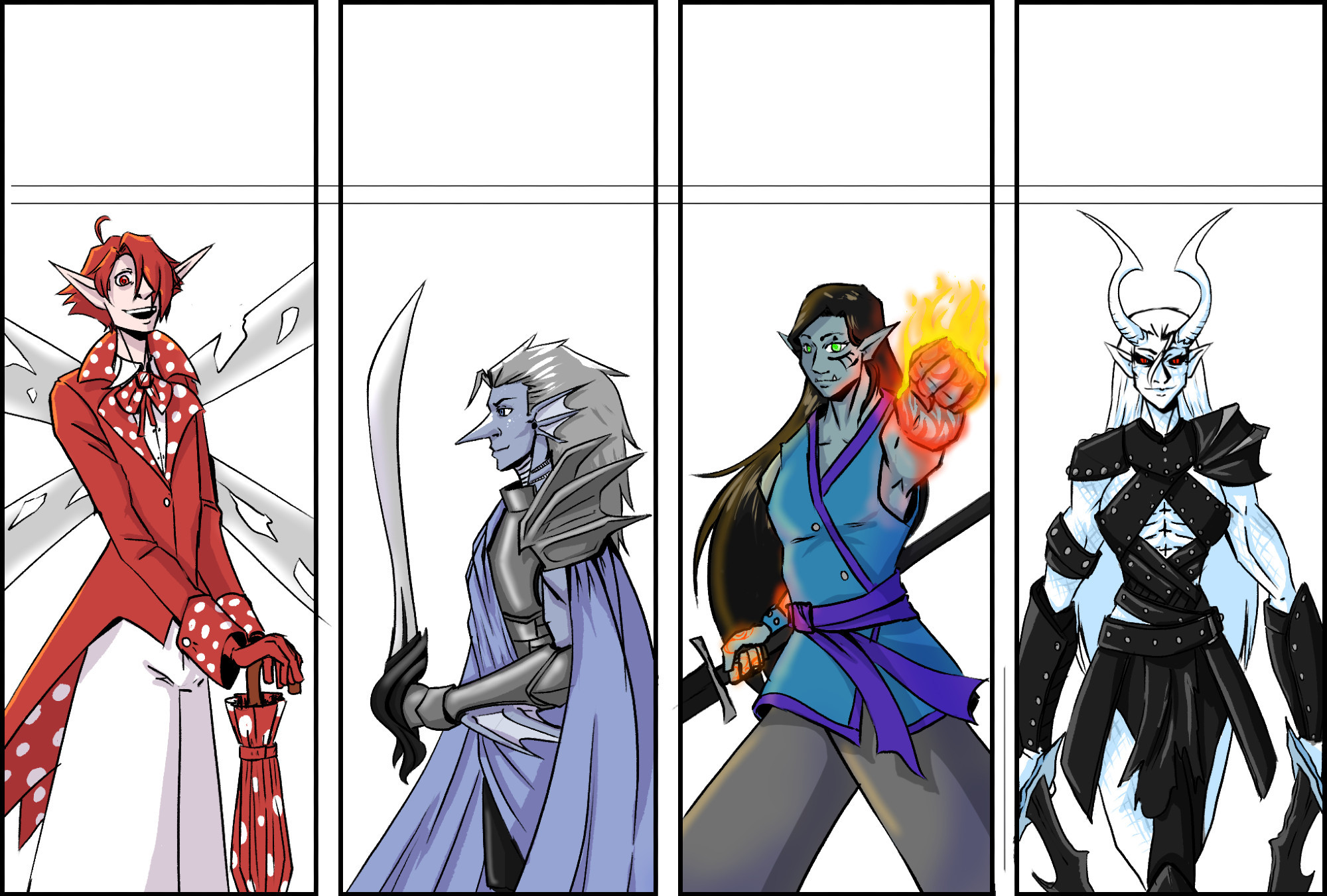 Four characters standing in a row - a tall readheaded fae with a mushroom-patterned suit, a fishman with a sword and armor, an Orc woman with elven features extending a flame-covered fist, and a black armored demon with alabaster skin