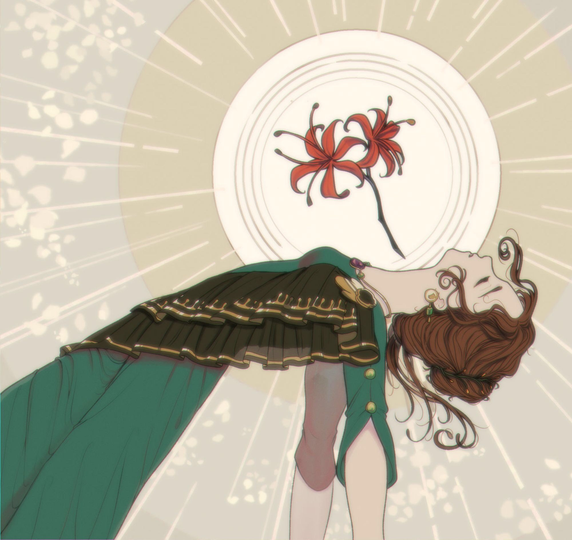 Fanart of Emily Dyer in her Duskfall outfit. She seems unconscious and is lying back, seemingly floating in the air. A spider lily is pointed at her neck.