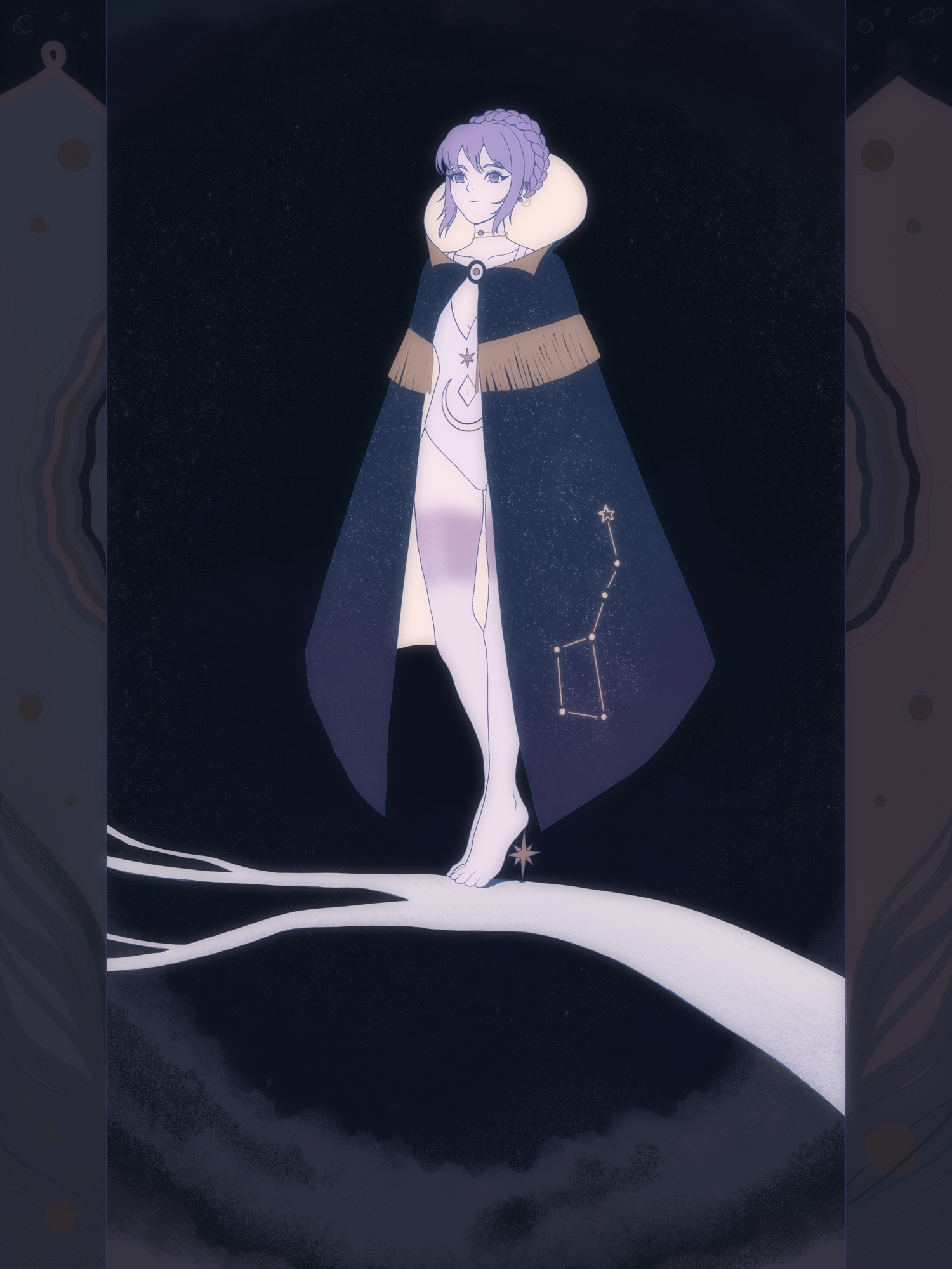 Fanart of Kaliune's original character, Nila. She's wearing a leotard and a large cape with the Big Dipper constellation on it. She's standing on a branch. The background is dark. She seems mysterious and silent.