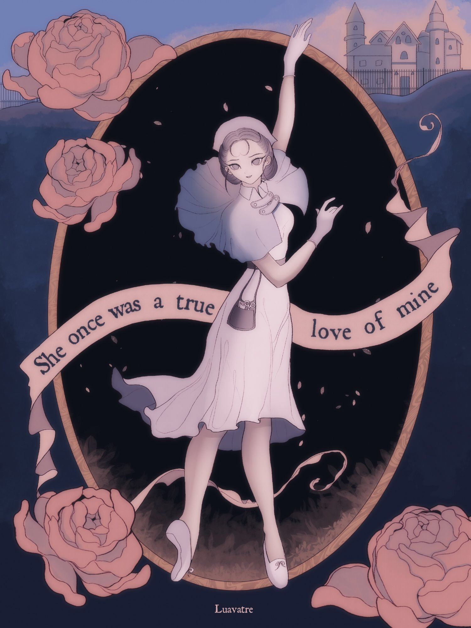 Fanart of Emily Dyer dancing. The color scheme is blue-pink and the background has peonies, a castle and a banner "she once was a true love of mine". Overall the artwork looks whimsical.