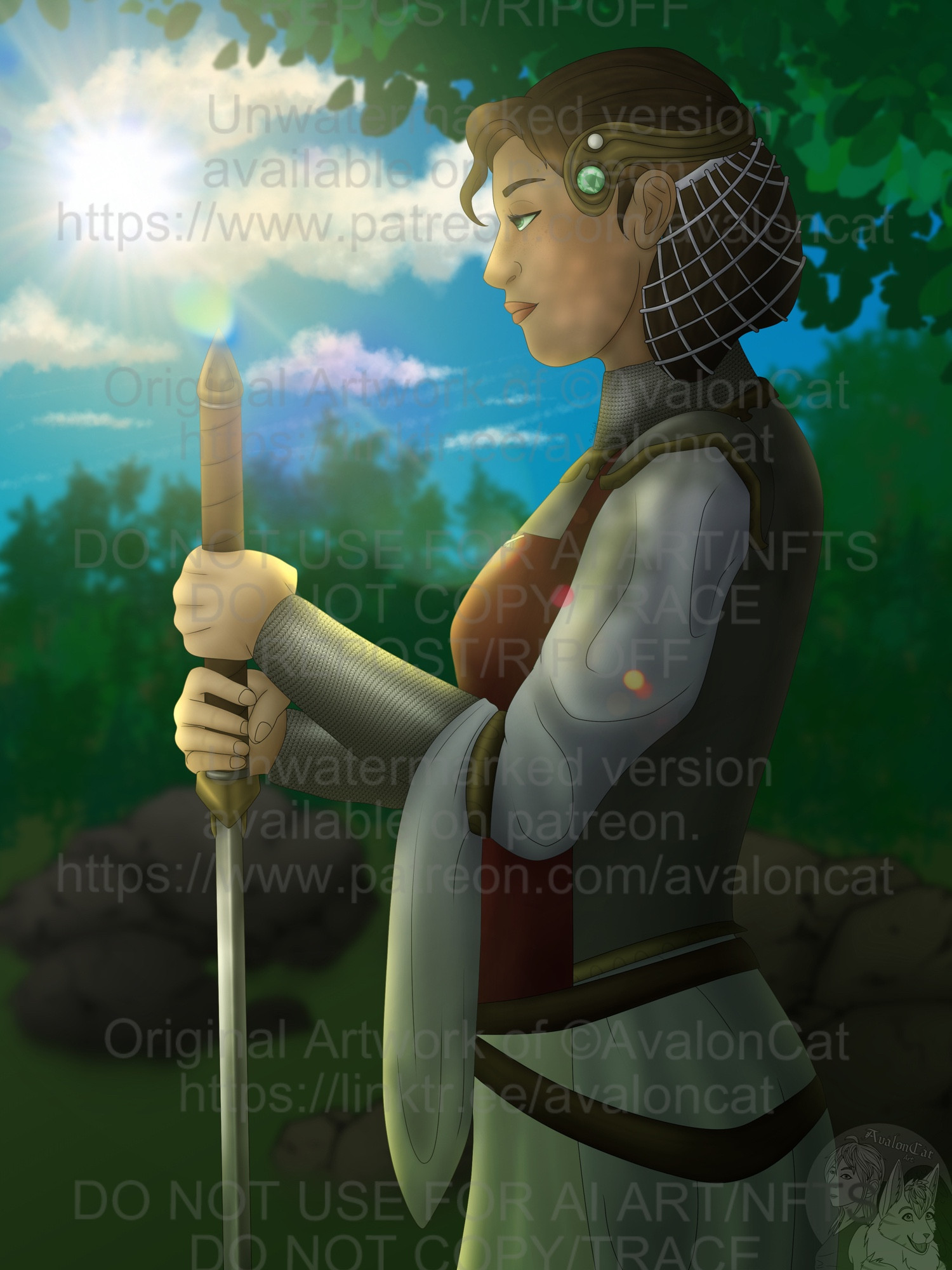 Rendered art piece of a young maiden with medium dark skin, brown hair and green eyes wearing partial plate armor and holding up a sword pointing downward. The background has forests and rocks with the sun in the sky.