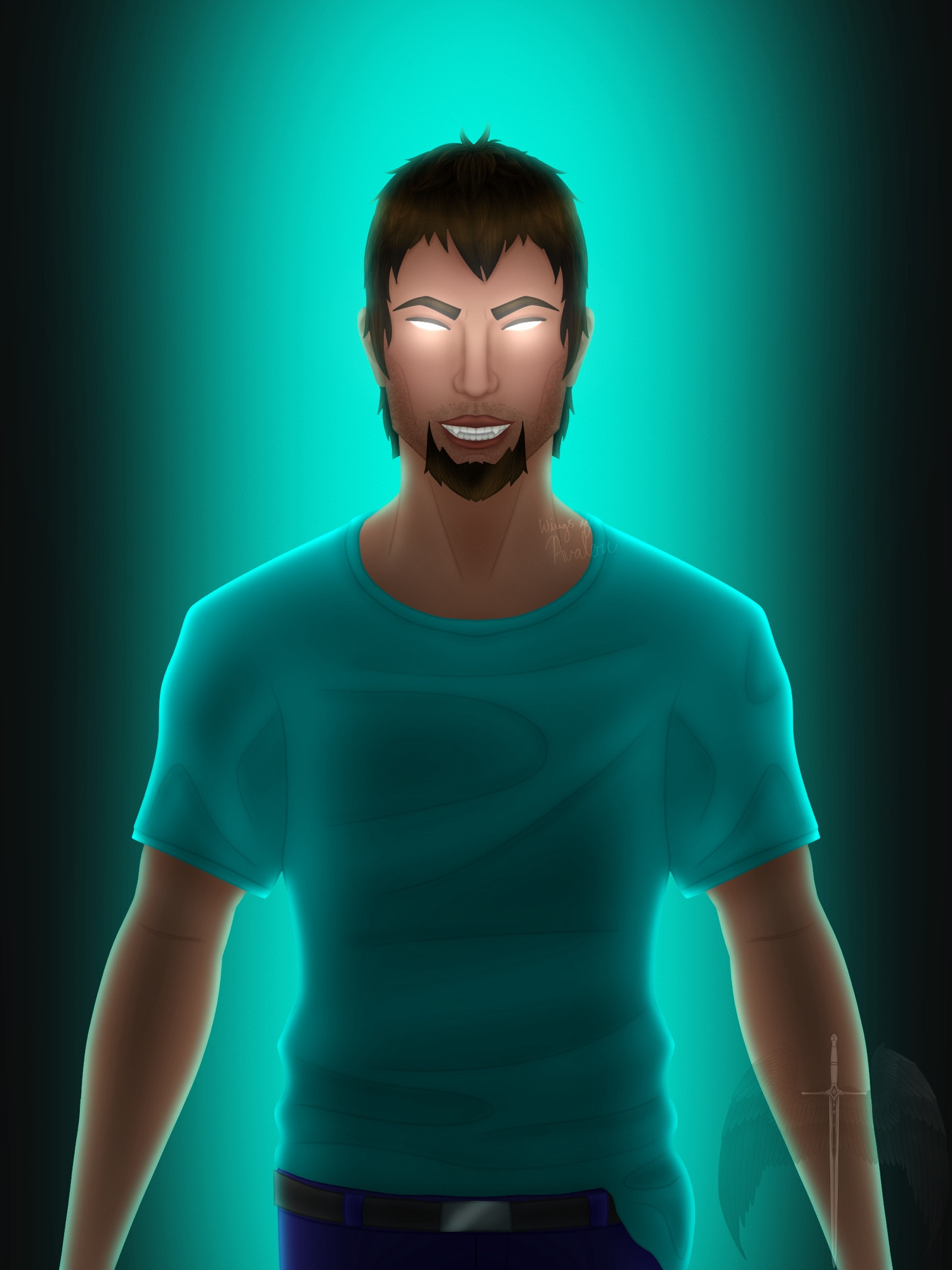 Fanart of Minecraft Herobrine in a realistic style behind a cyan backlight. He is wearing a cyan shirt and is smiling evilly towards the observer. He has dark brown hair, a goatee on his chin and glowing white eyes.