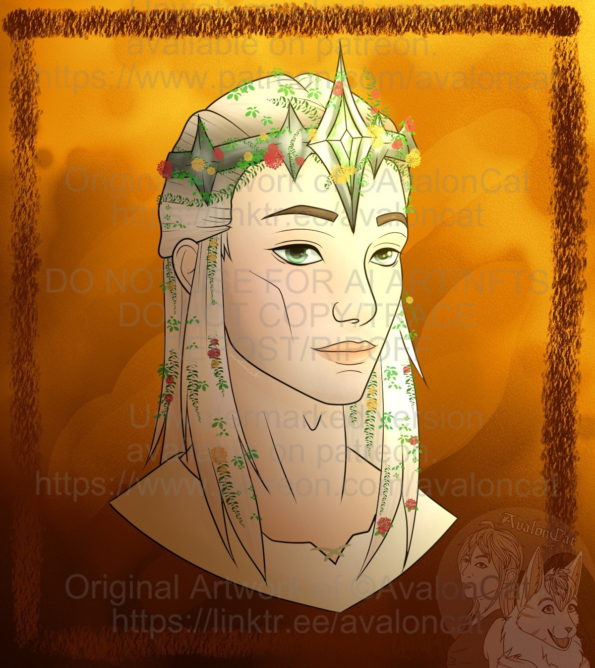 A digital art portrait of a pale man with blonde hair and a crown covered in floral decorum.