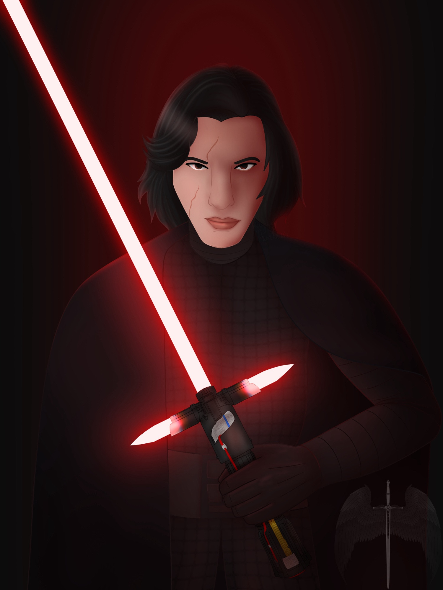 Fan art of Kylo Ren. He is standing in front of a red backlight with his lightsaber held up before him at roughly 45° angle. He has his scar over his right eye but isn’t wearing his helmet so the observer can see his face.