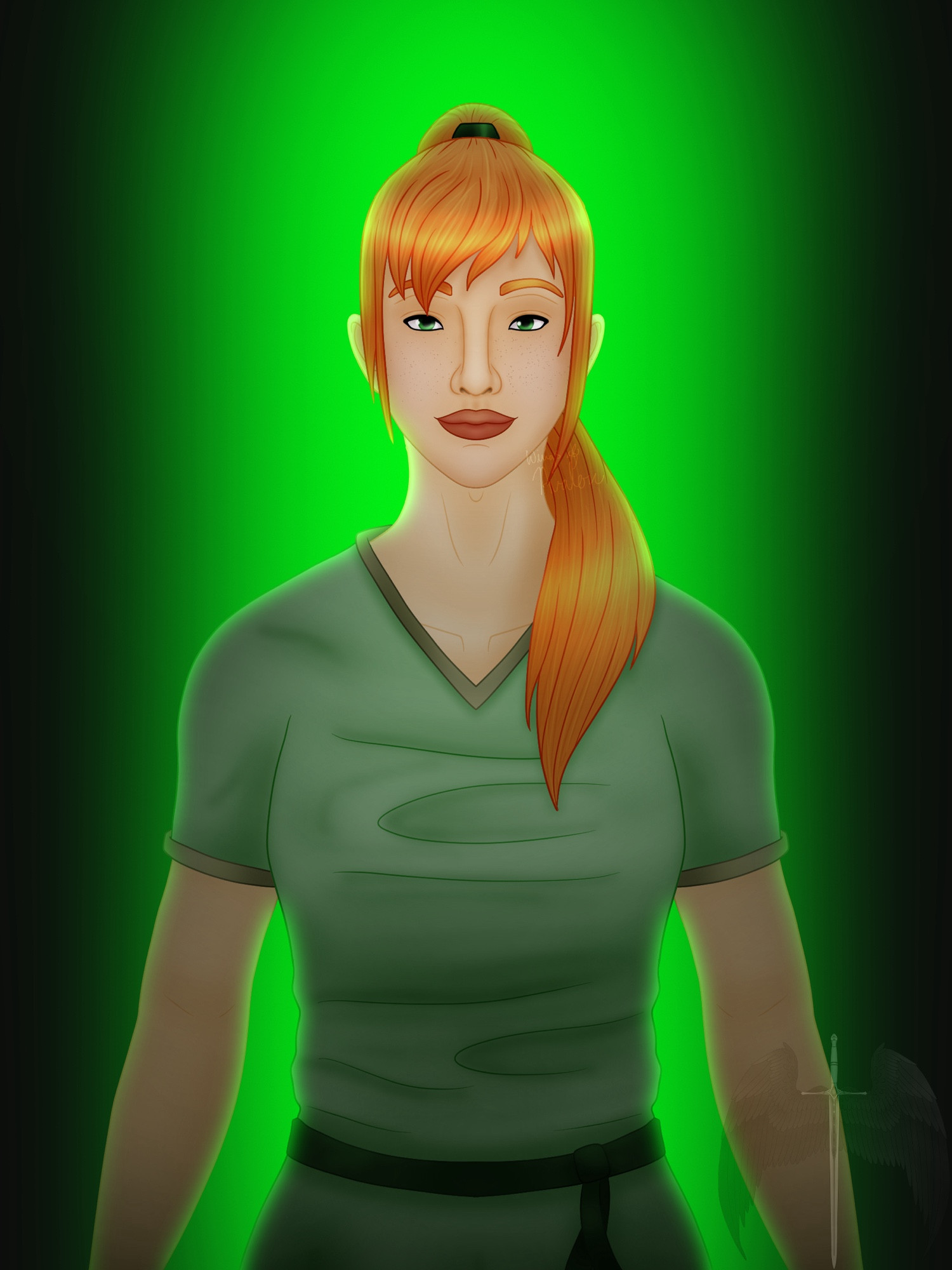 Fan art of Minecraft Alex behind a green backlight. She is wearing a light green shirt and has green eyes and orange-red hair in a ponytail that is draped over her left shoulder.