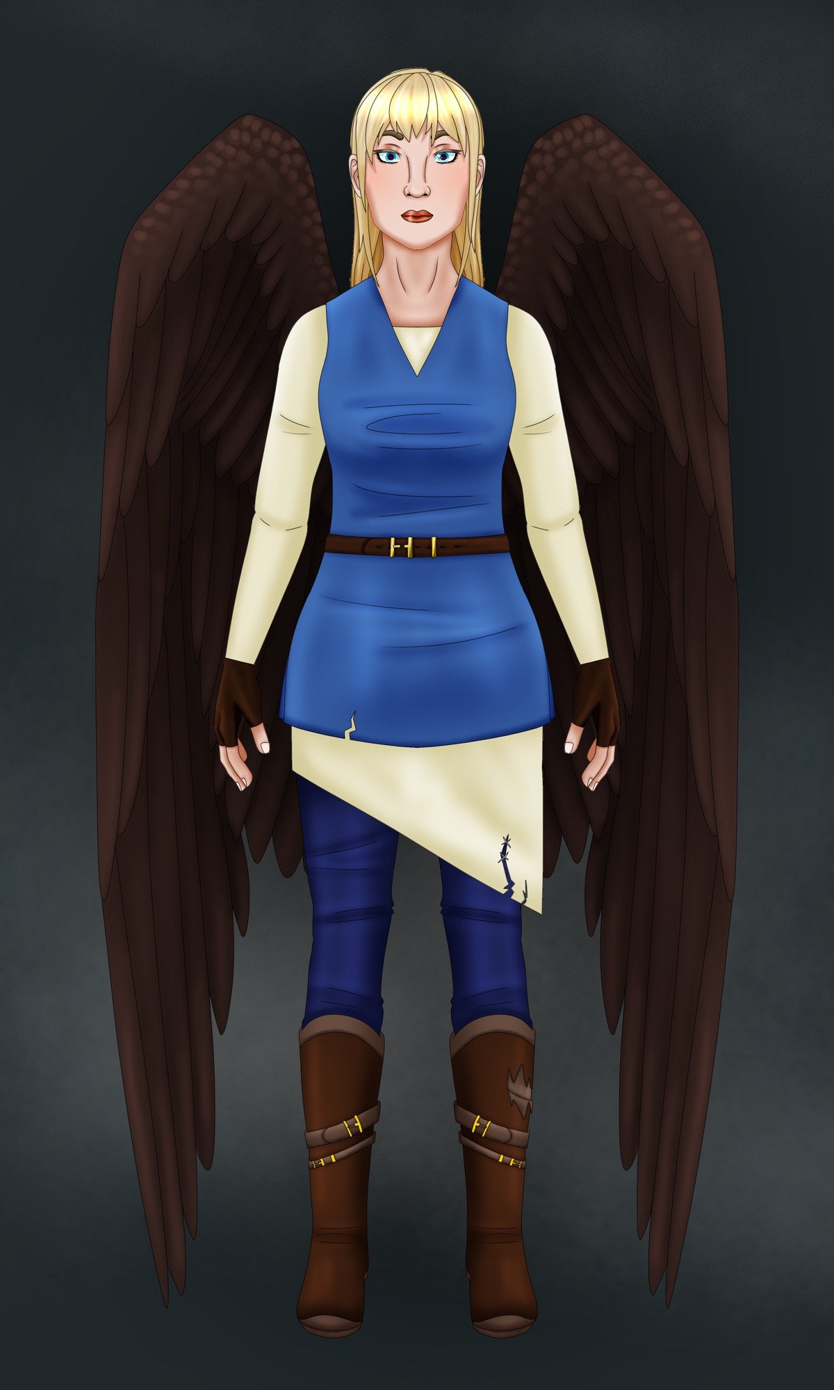 A fullbody rendered art piece of a short winged woman with blonde hair, blue eyes, brown wings and a blue tunic over a long tan under shirt, dark blue pants and brown boots.