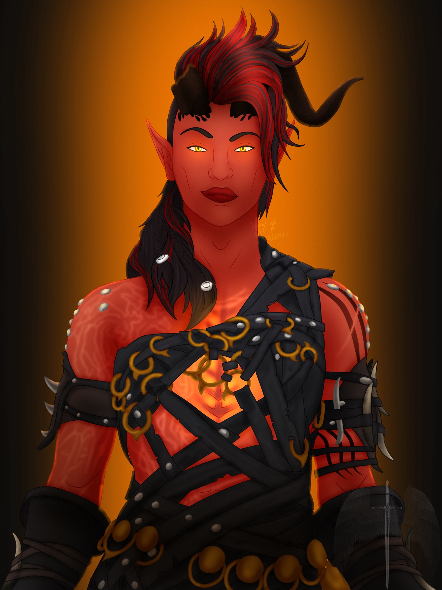 Fanart of Baldur’s Gate 3 Karlach. She is in her starter barbarian outfit of crisscrossing leather pieces and gold linked rings. She has red skin and one intact horn on her head with the other broken off. The right side of her body is scarred from burning. She is standing in front of an orange backlight.