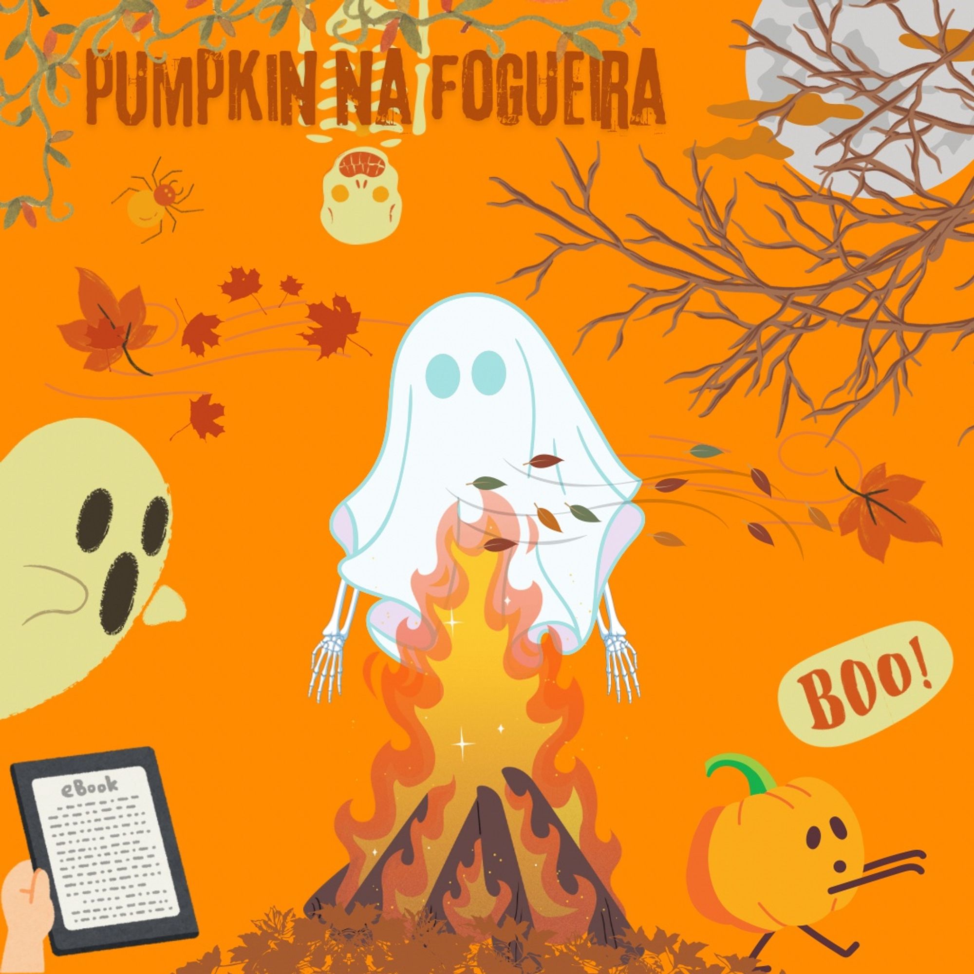 Banner do projeto de Halloween pumpkin na fogueira. Nele há um fantasma com as mãos esqueléticas pra fora e uma fogueira na frente. Também há o desenho do vento passando na frente e atrás do fantasma. Nos cantos há uma abóbora zumbi e uma mão segurando um Kindle, também há outro fantasma na lateral em posição de susto e alguns galhos secos do outro lado cobrindo a lua. Em cima no topo há o título da brincadeira “pumpkin na fogueira”.