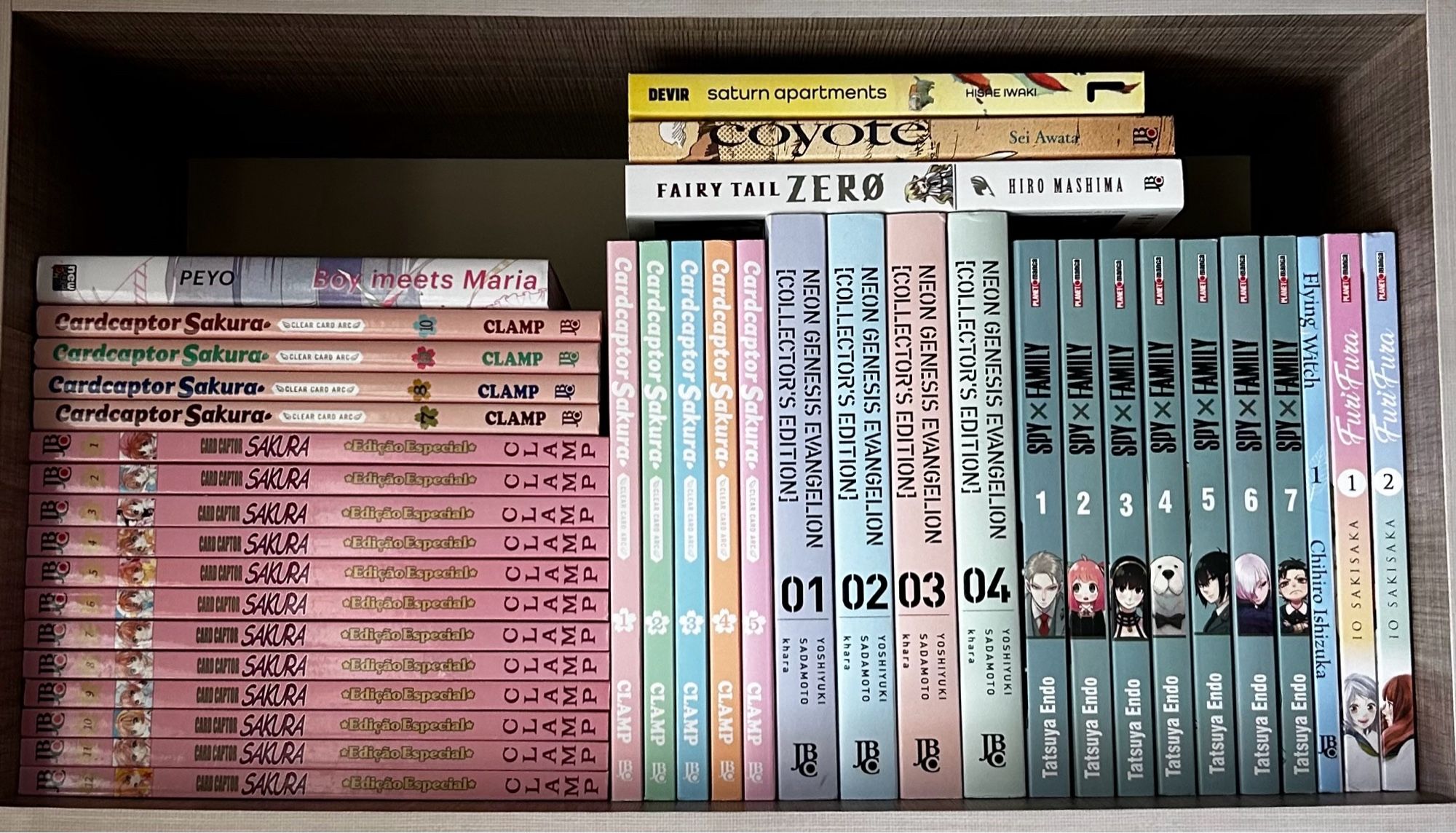 Foto de um nicho com mangás que tem a lombada em cores pastéis. Respectivamente nessa ordem: sakura card captor do volume 1 ao 12 deitados e em cima há os volumes 7,8,9 e 10 e o mangá de boy meets Maria (todos em tons de rosa bebê) aí em pé em sequência tem os mangás de sakura card captors clear card arc do volume 1 ao 5, depois tem os mangás de evangelion do volume 1 ao 4 e depois os mangás de spy x family do volume 1 ao 7 e depois flying witch (volume 1) e por último furi fura volume 1 e 2