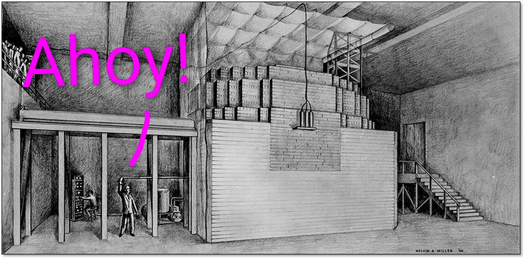 "Architect's drawing of the first pile, Stagg Field, University of Chicago," with silly purple annotation.