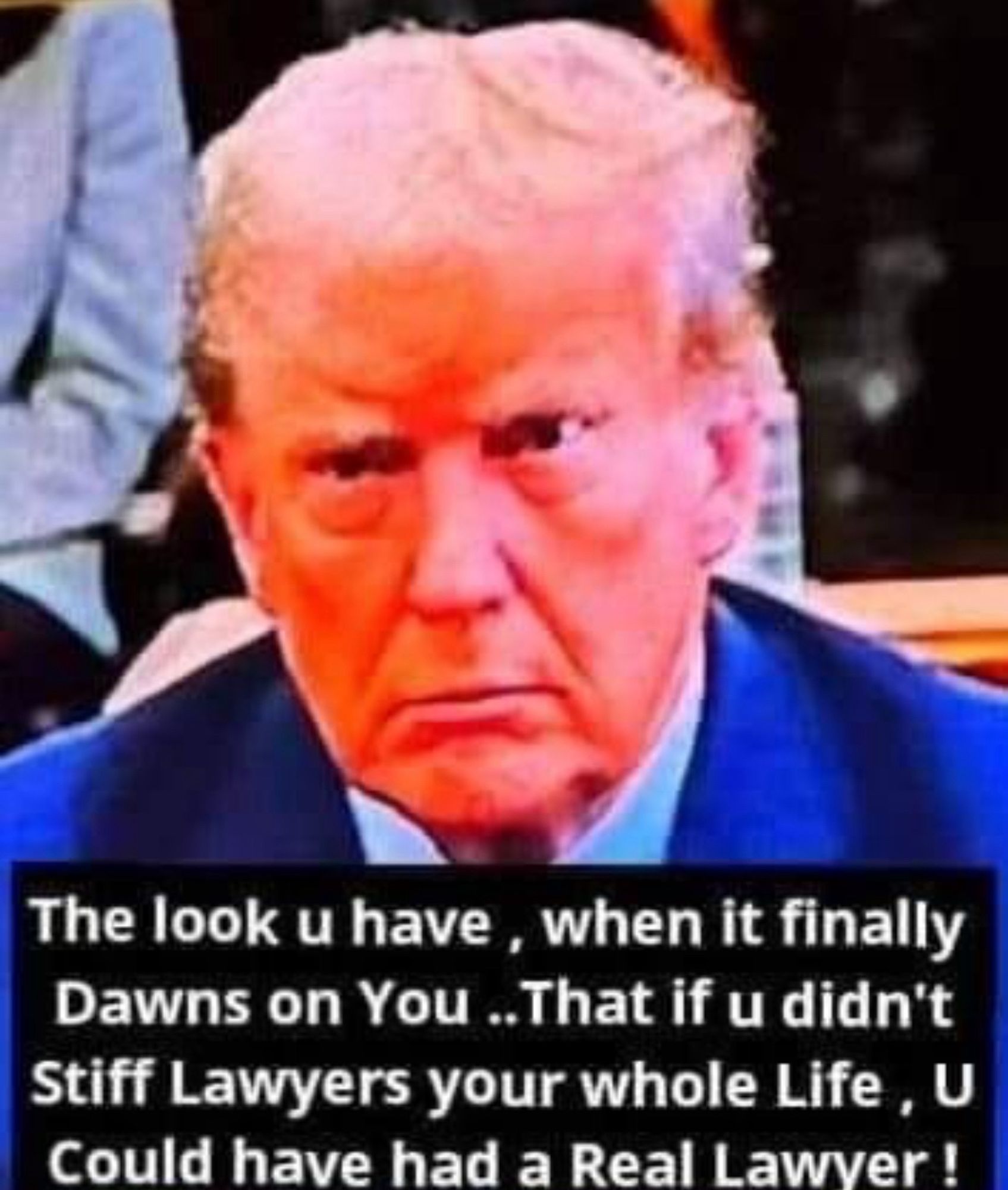 A sad/worried Donald Trump in court realizing that he is totally fucked!