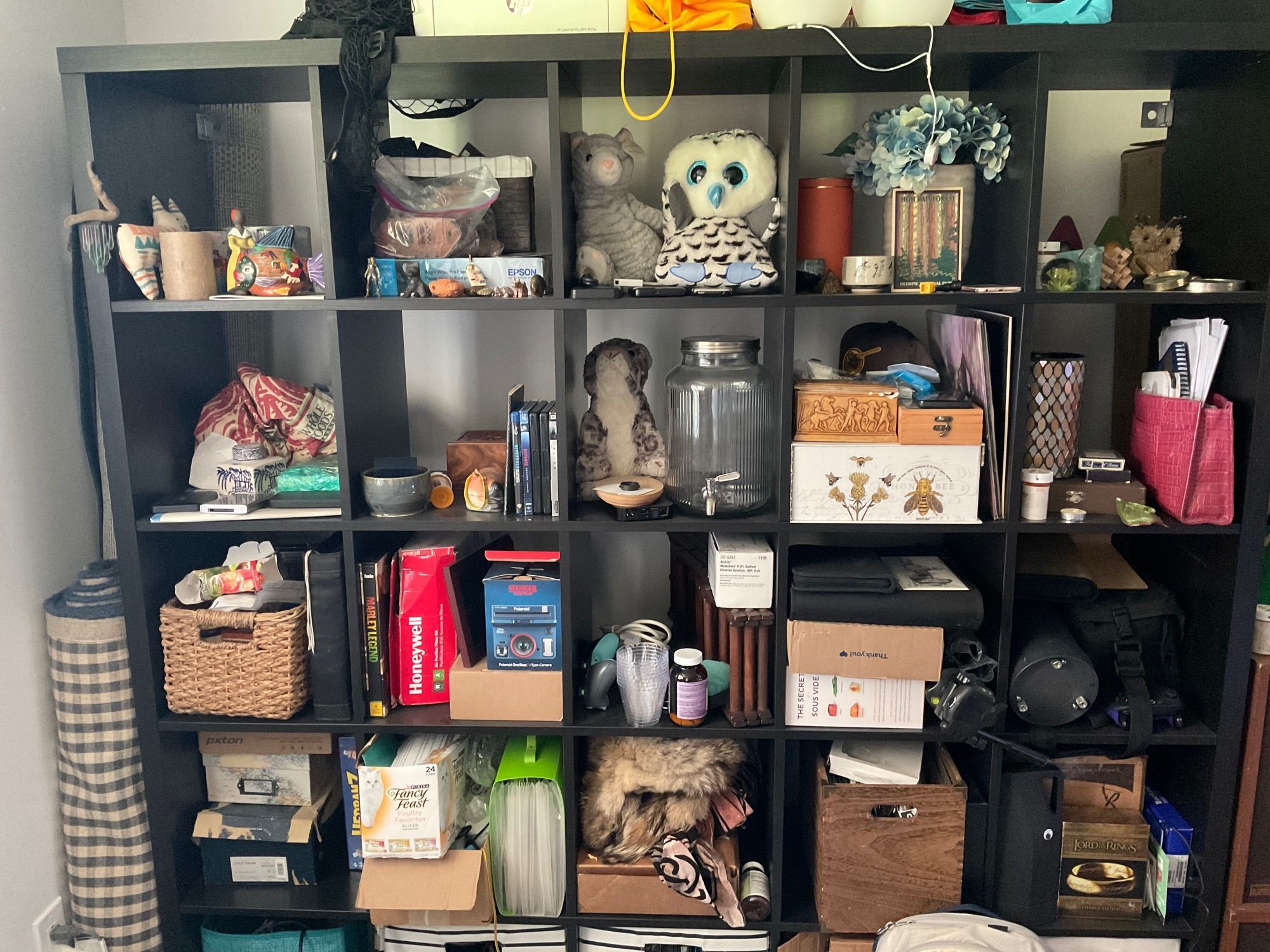 Photo of a kallax black storage cube shelving filled with a variety of movies, folders, cameras, sous ve, telescope, plushies, knickknacks and other miscellaneous items 