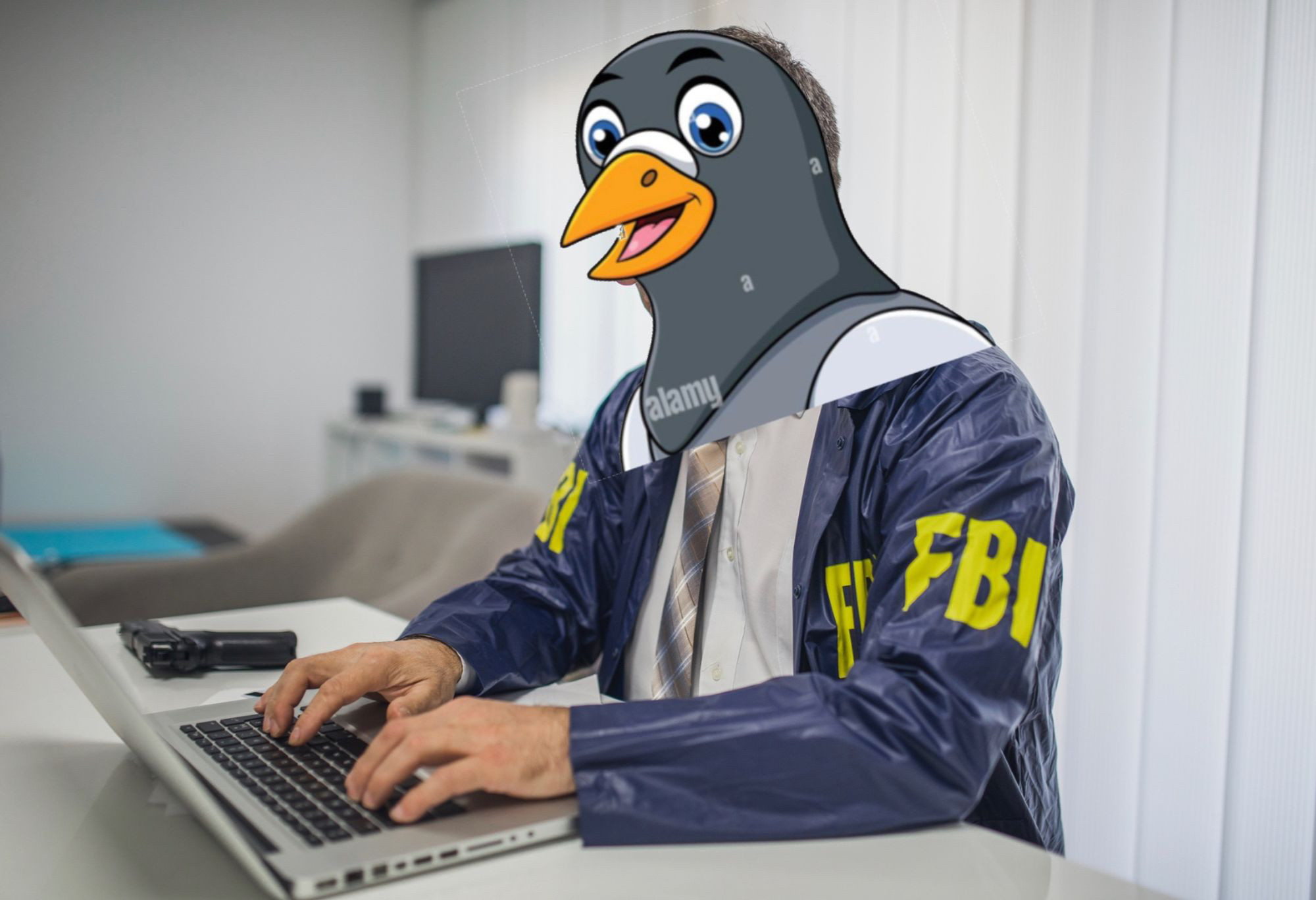 FBI guy typing at a computer photoshopped over him is a cartoon of a pigeon