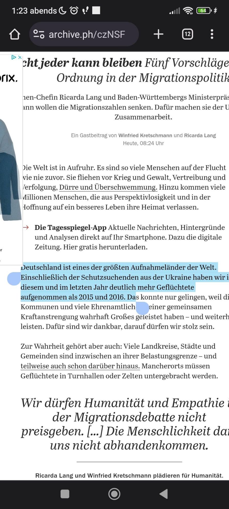 Screenshot. Markierter Satz: Deutschland ist eines der größten Aufnahmeländer der Welt. Einschließlich der Schutzsuchenden aus der Ukraine haben wir in diesem und im letzten Jahr deutlich mehr Geflüchtete aufgenommen als 2015 und 2016.