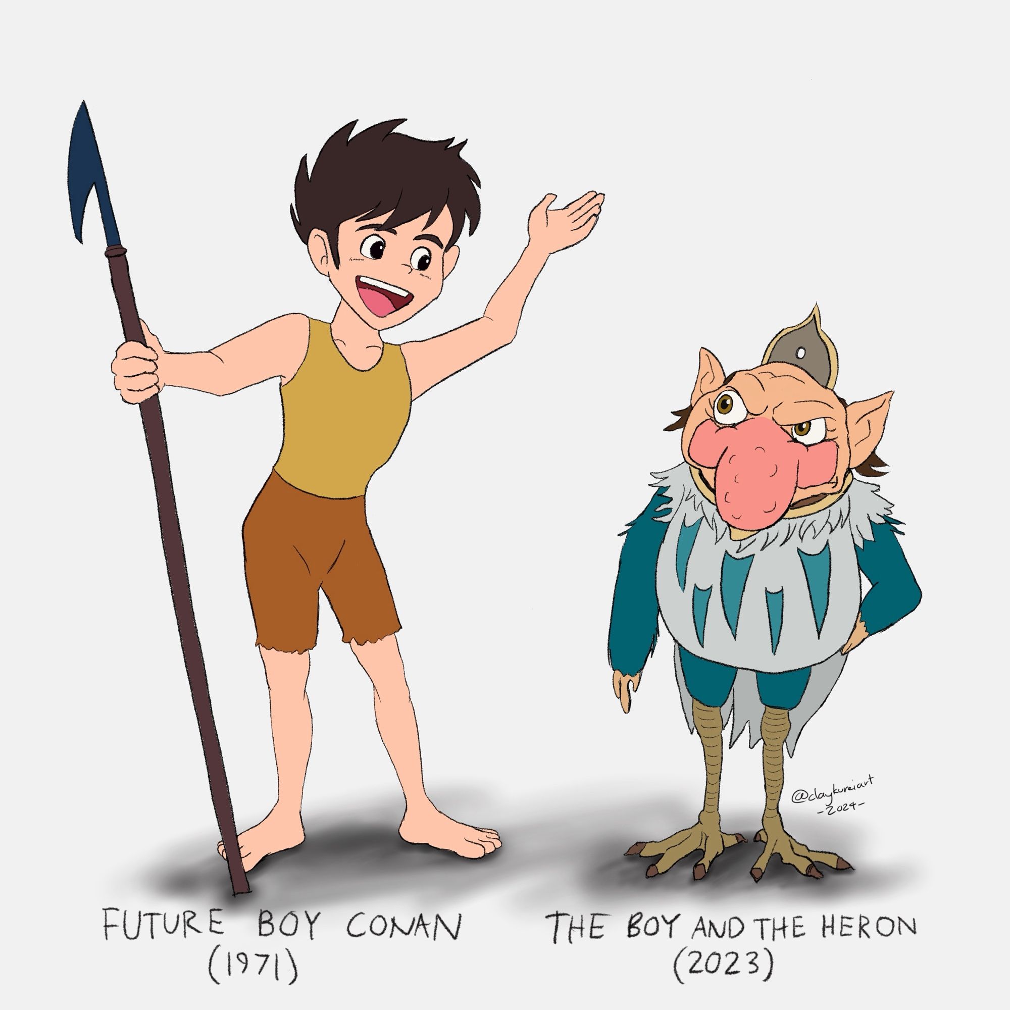 Conan (Future Boy Conan) holding a spear on his right as he waves his left hand with glee to a grumpy half heron half man creature named, Heron (The Boy and the Heron), looking annoyed by him. Two texts below describe their works and year: “Future Boy Conan (1971)”, “The Boy and the Heron (2023)”.