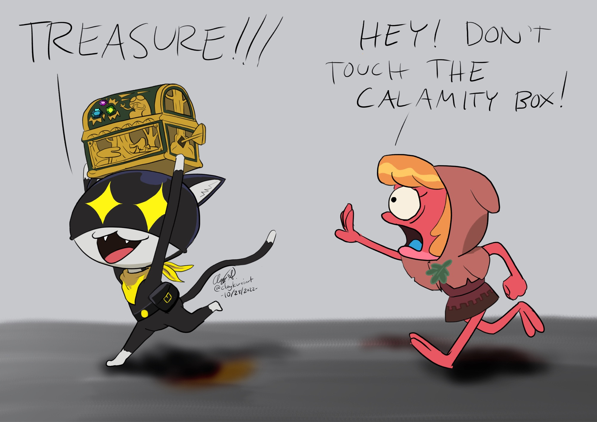 Morgana the “cat” from Persona 5 holding a “treasure chest” called the Calamity Box while running away from a pink frog named Leif from Amphibia warning about danger from it. Words appear as follows:
Morgana: “Treasure!” Leif: “Hey! Don’t touch the Calamity Box!”