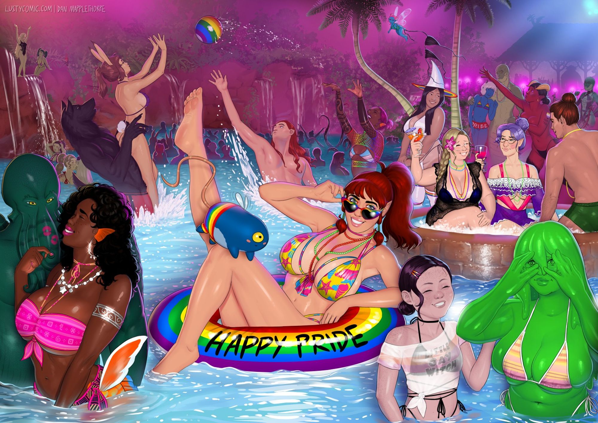 A massive pool party celebrating Pride! There are many people and creatures of fantasy and myth in and around an enormous pool at night, lit by many colourful lights. In the centre is our favourite elf, Lusty, and her little blue companion Swig (who resembles a happy flying jellybean with one yellow eye, a long rat-like pink tail, and small fairy wings). Lusty is wearing a colourful bikini, made up of the three colours of the pansexual pride flag, and there are multiple strings of colourful beads around her neck she has earned from... well, you know. Swig wears rainbow shorts. He doesn't know what sex and gender are exactly, but he is very supportive of his friends. Lilya, Lusty's girlfriend, is nearby, as are Lusty's other partners, friends, and acquaintances. It seems like almost every LUSTY character is assembled here! And for some reason, you get the feeling there is a hidden gnome somewhere. Just a hunch. Can you find it?