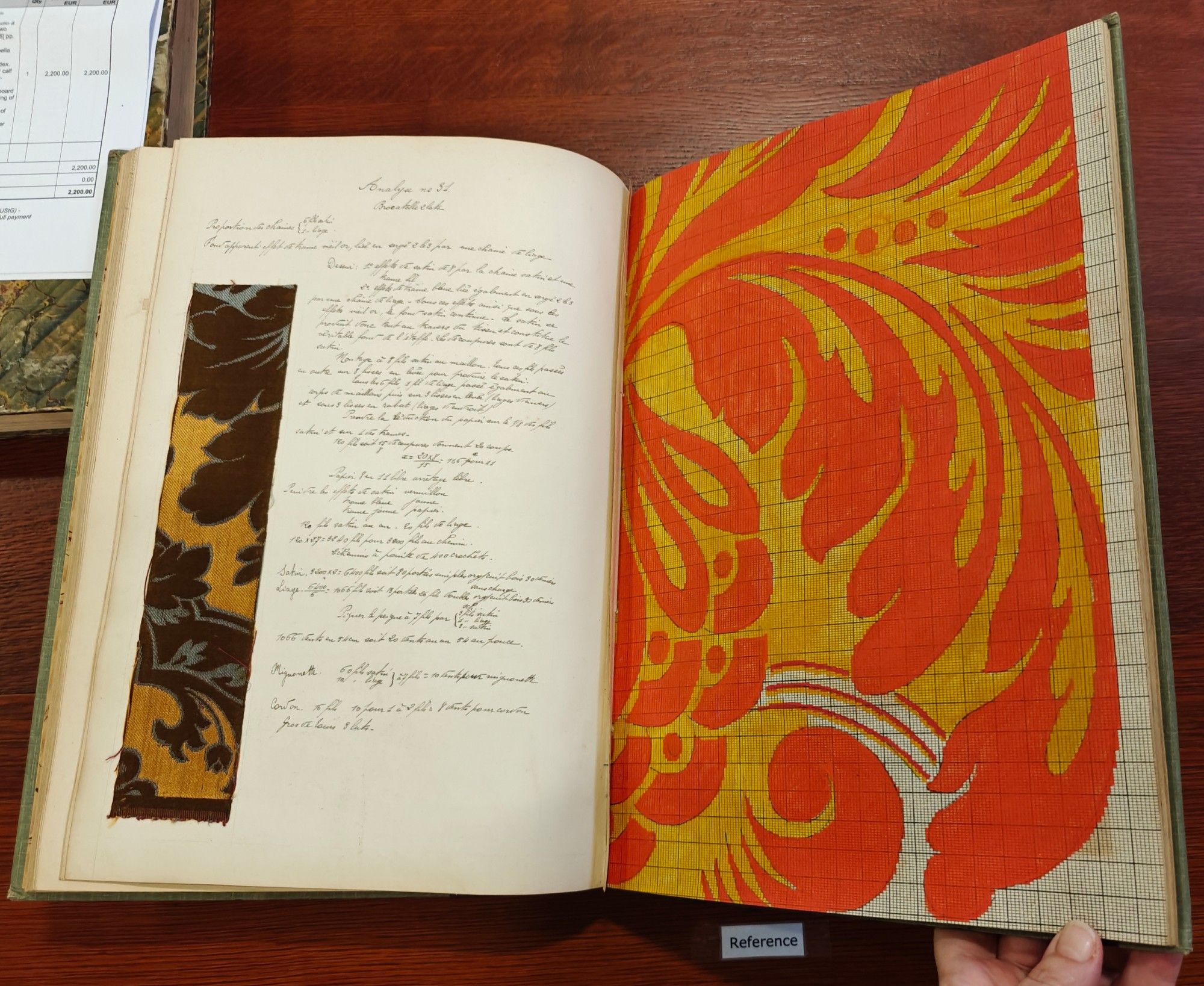 Open manuscript with full page enlarged drawing with floral motifs in orange, yellow and white of the jacquard loomed swatch on the left