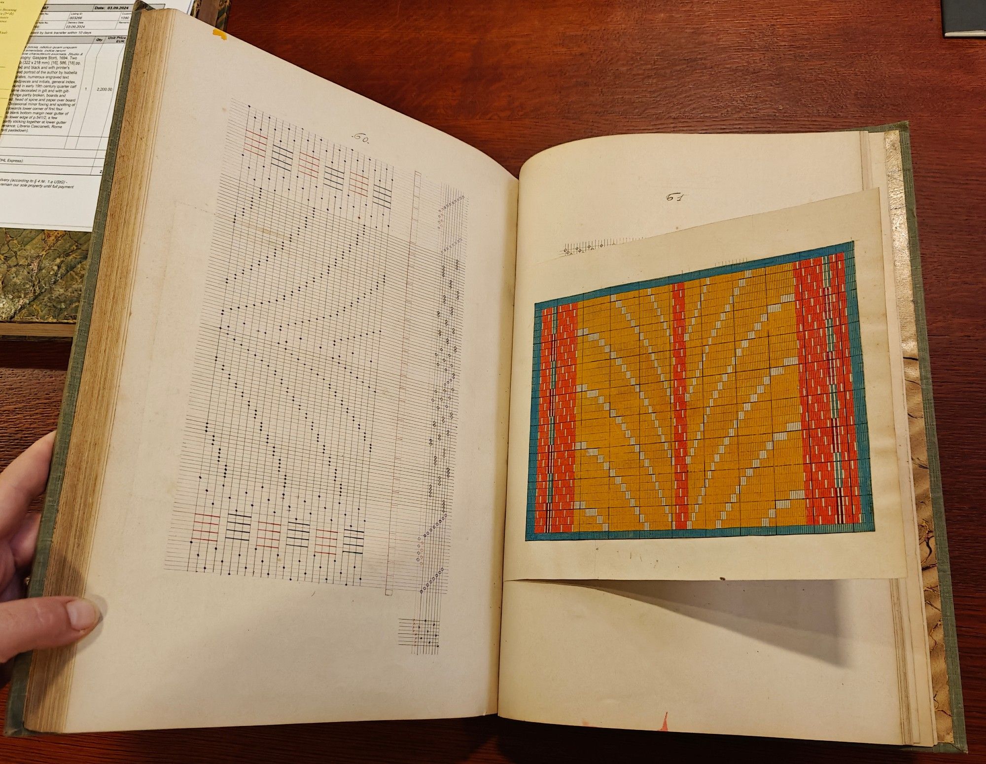 Handwritten grids for weaving, with a yellow and orange grid tipped in