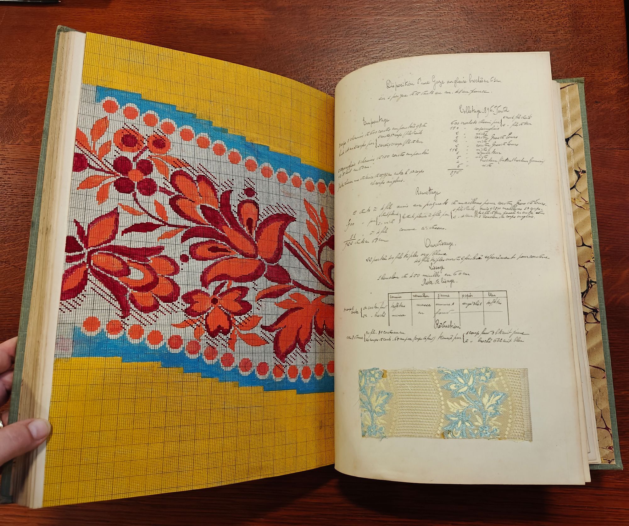 Open manuscript with full page enlarged drawing with floral motifs in orange, yellow, blue and white of the jacquard loomed swatch on the right