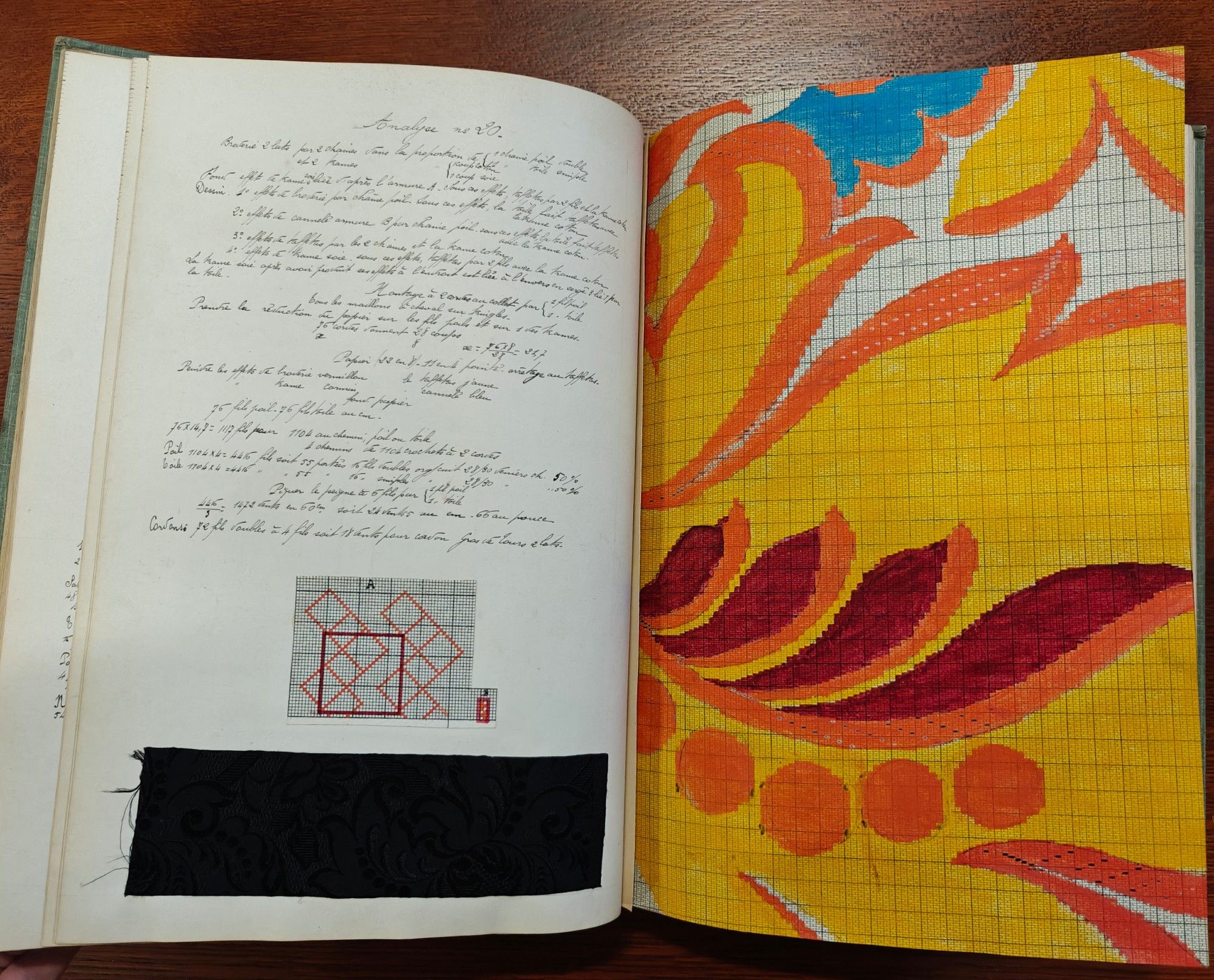 Open manuscript with full page enlarged drawing with floral motifs in orange, yellow and white of the jacquard loomed swatch on the left