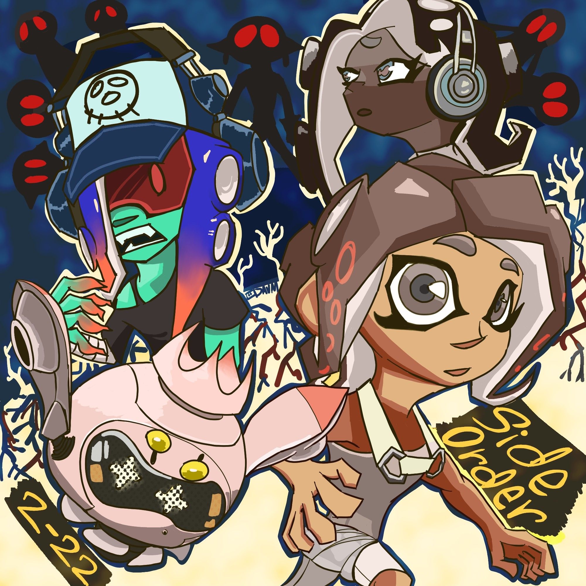 Pearl-bot, Agent 8, Acht, Marina Ida, with shadow figures in the background