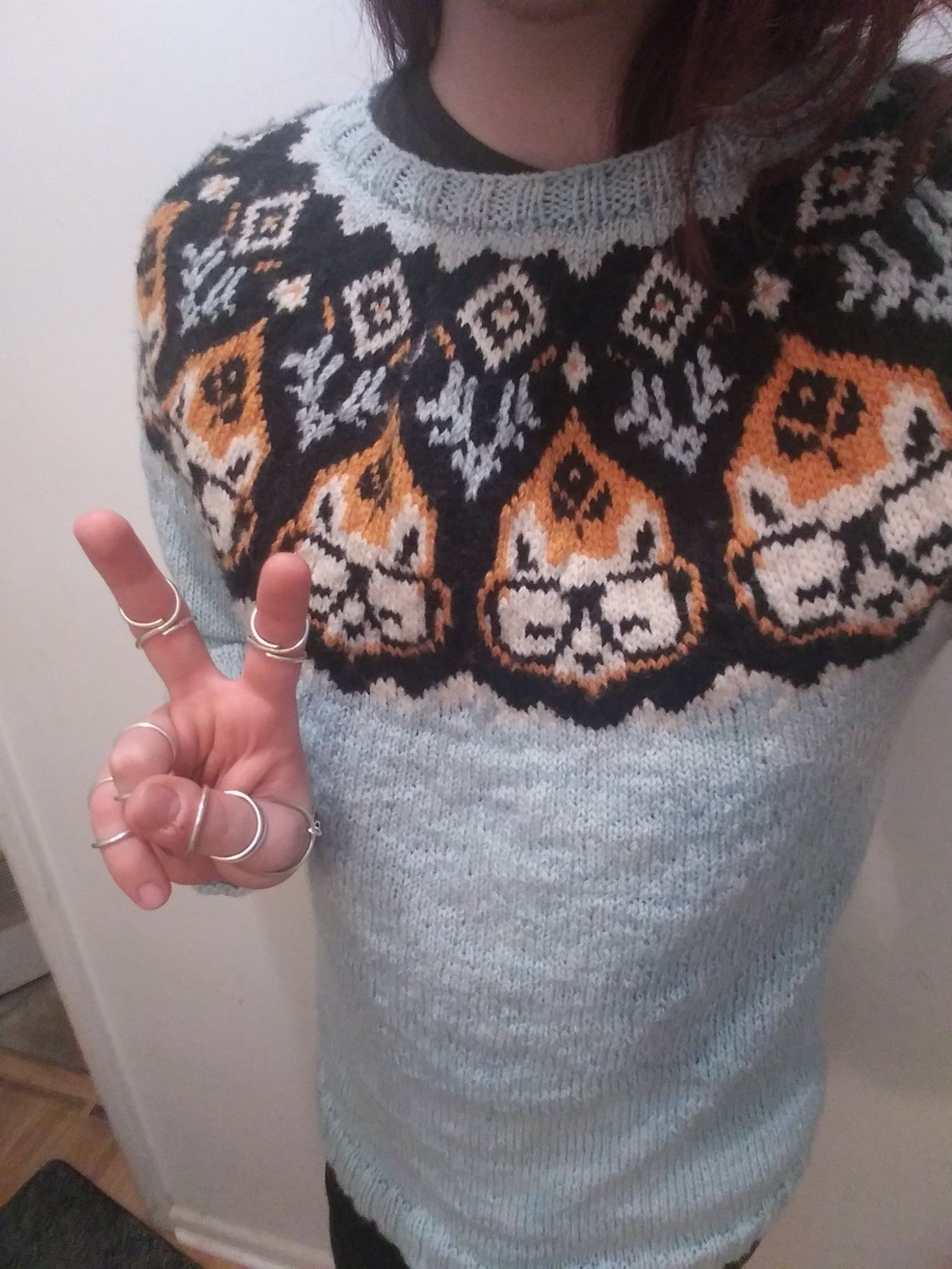 photo of a hand-knit sweater featuring foxes wearing reading glasses