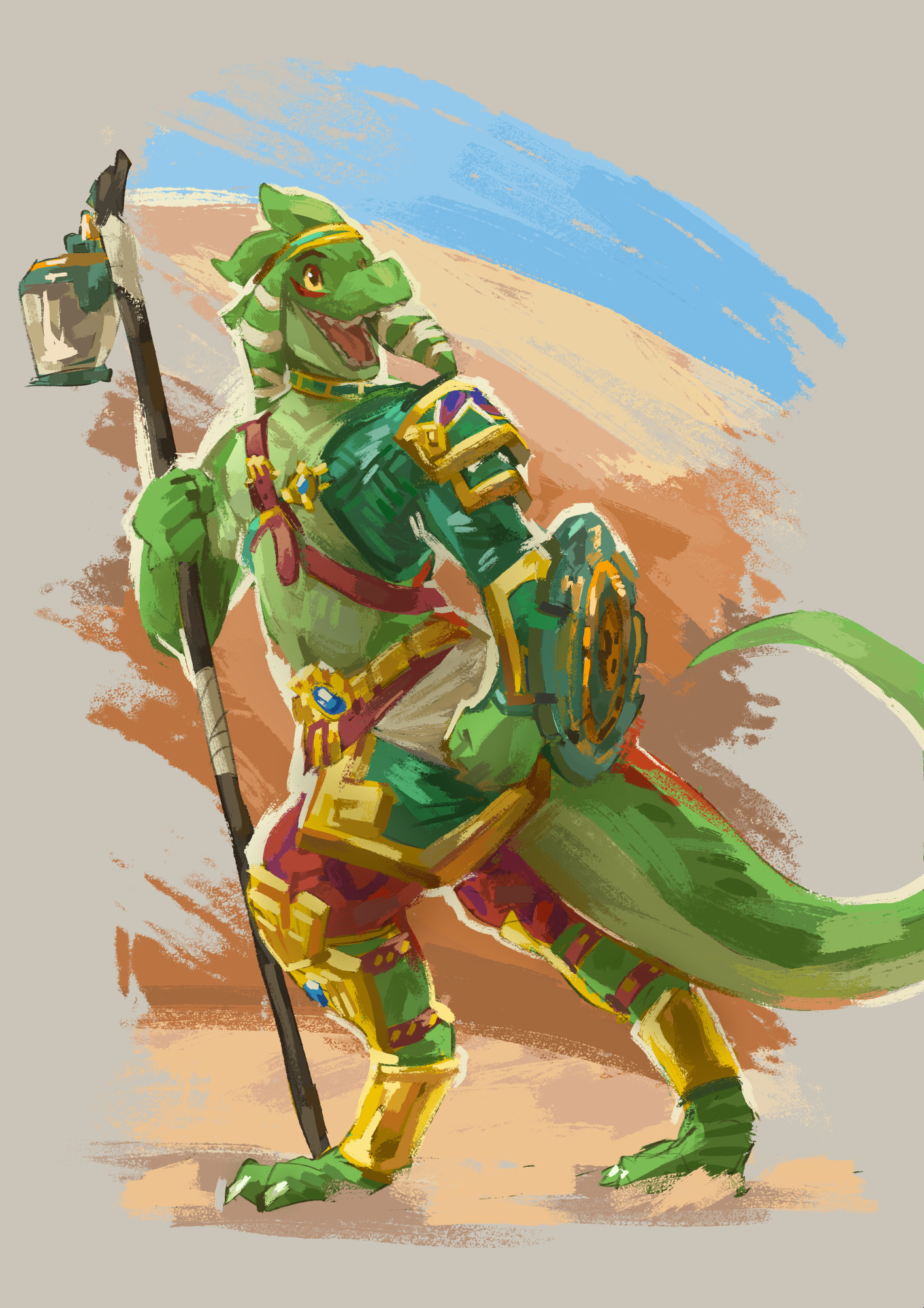 Naka wearing the Desert Voe Set, in the style of Breath of the Wild and Tears of the Kingdom artworks.